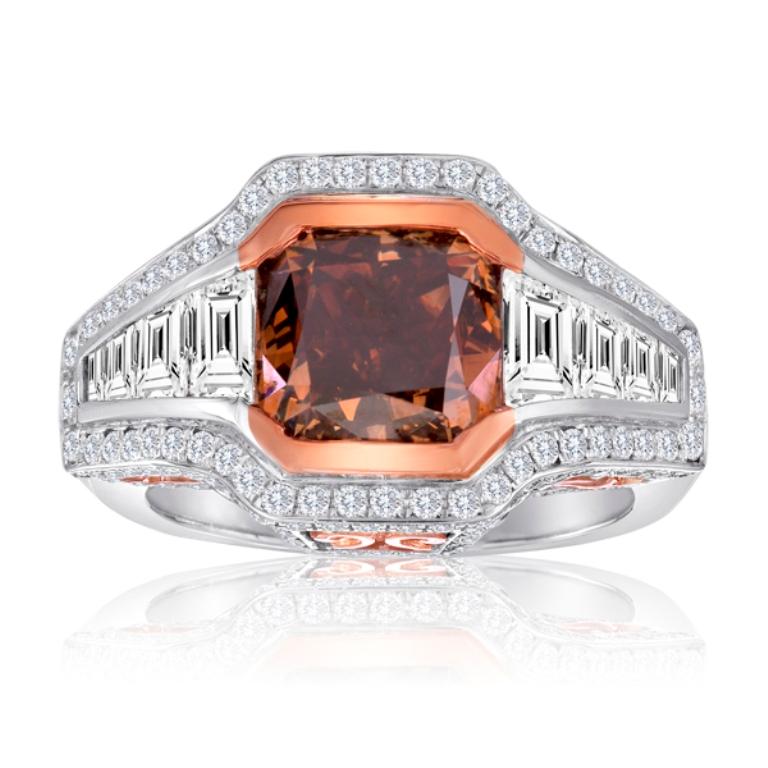 GIA Certified Fancy Orangish Brown Diamond Halo Two Color Gold Cocktail Ring 8