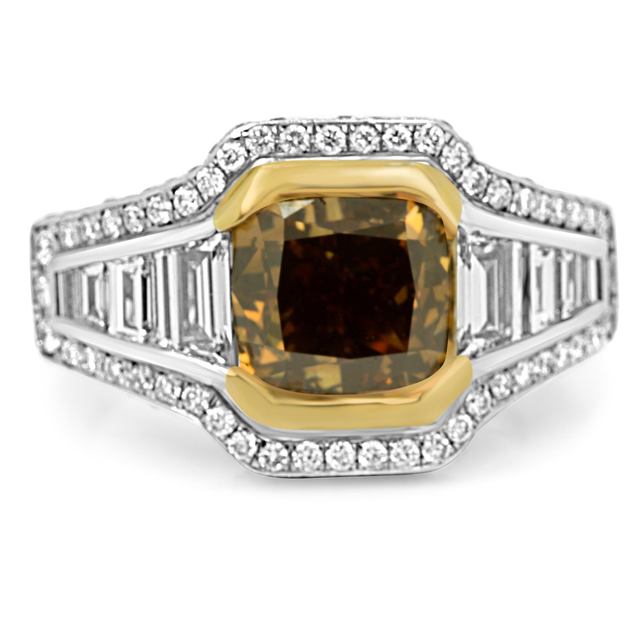 GIA Certified Fancy Orangish Brown Diamond Halo Two Color Gold Cocktail Ring 10