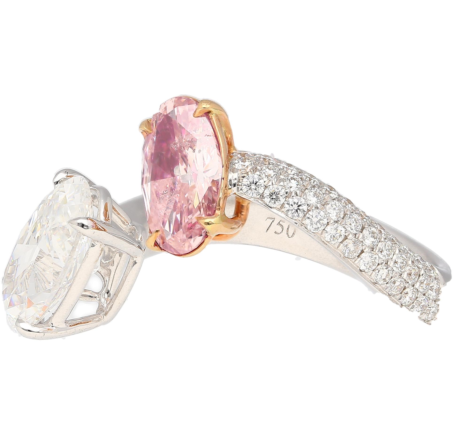 Modern Gia Certified Fancy Orangy Pink and White Diamond Toi Et Moi 18k White Gold Ring For Sale