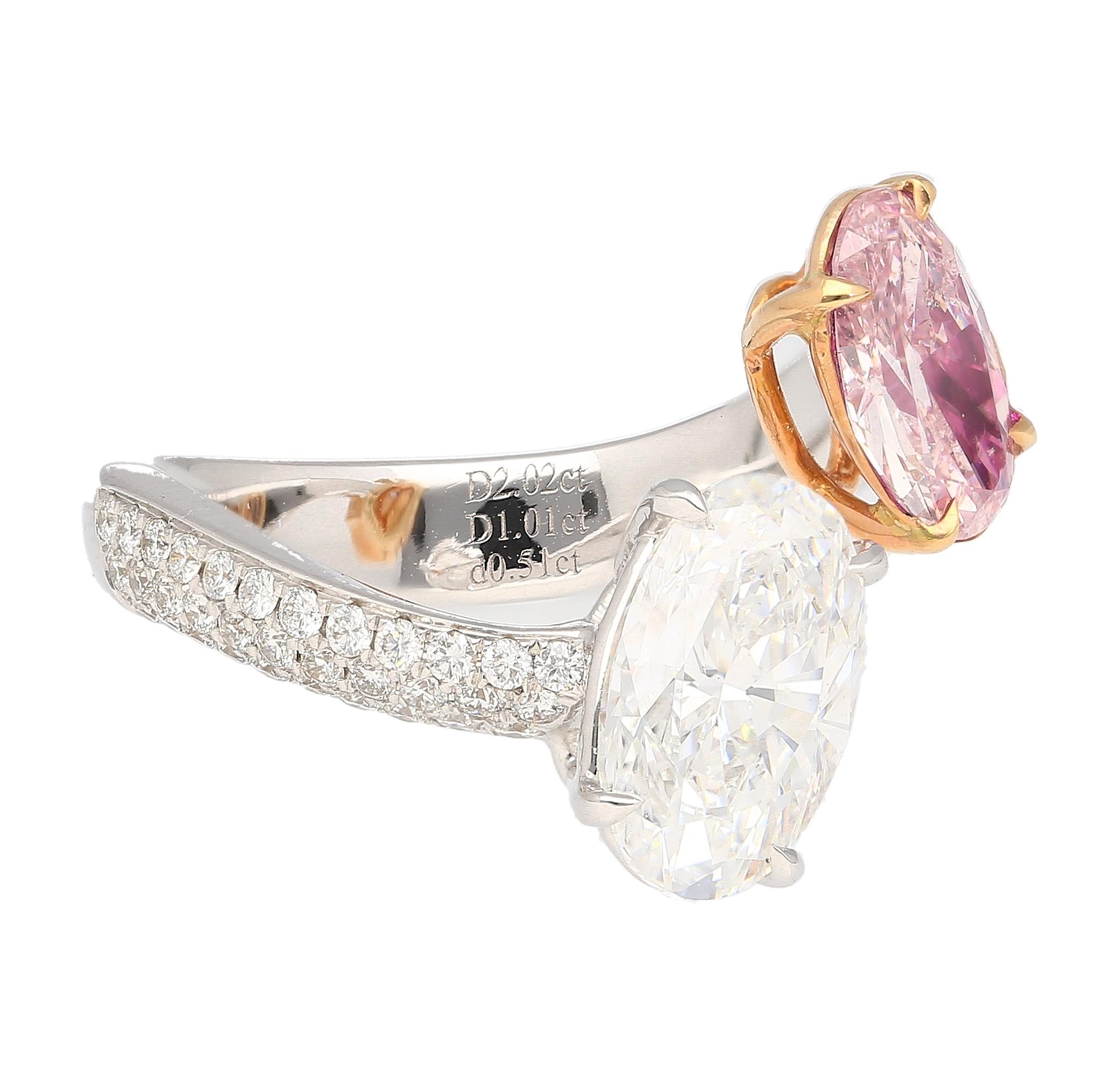 Oval Cut Gia Certified Fancy Orangy Pink and White Diamond Toi Et Moi 18k White Gold Ring For Sale