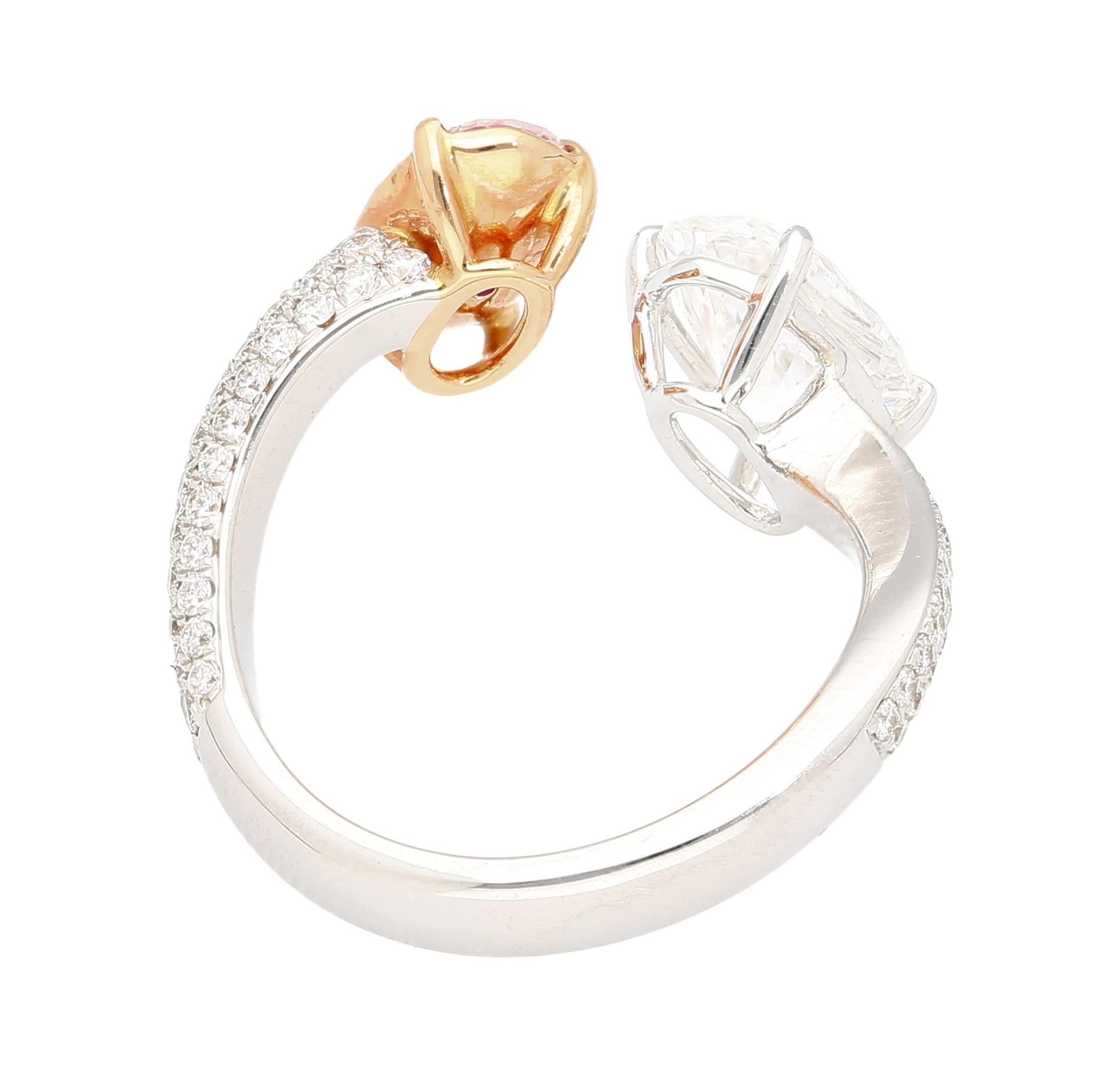 Women's Gia Certified Fancy Orangy Pink and White Diamond Toi Et Moi 18k White Gold Ring For Sale