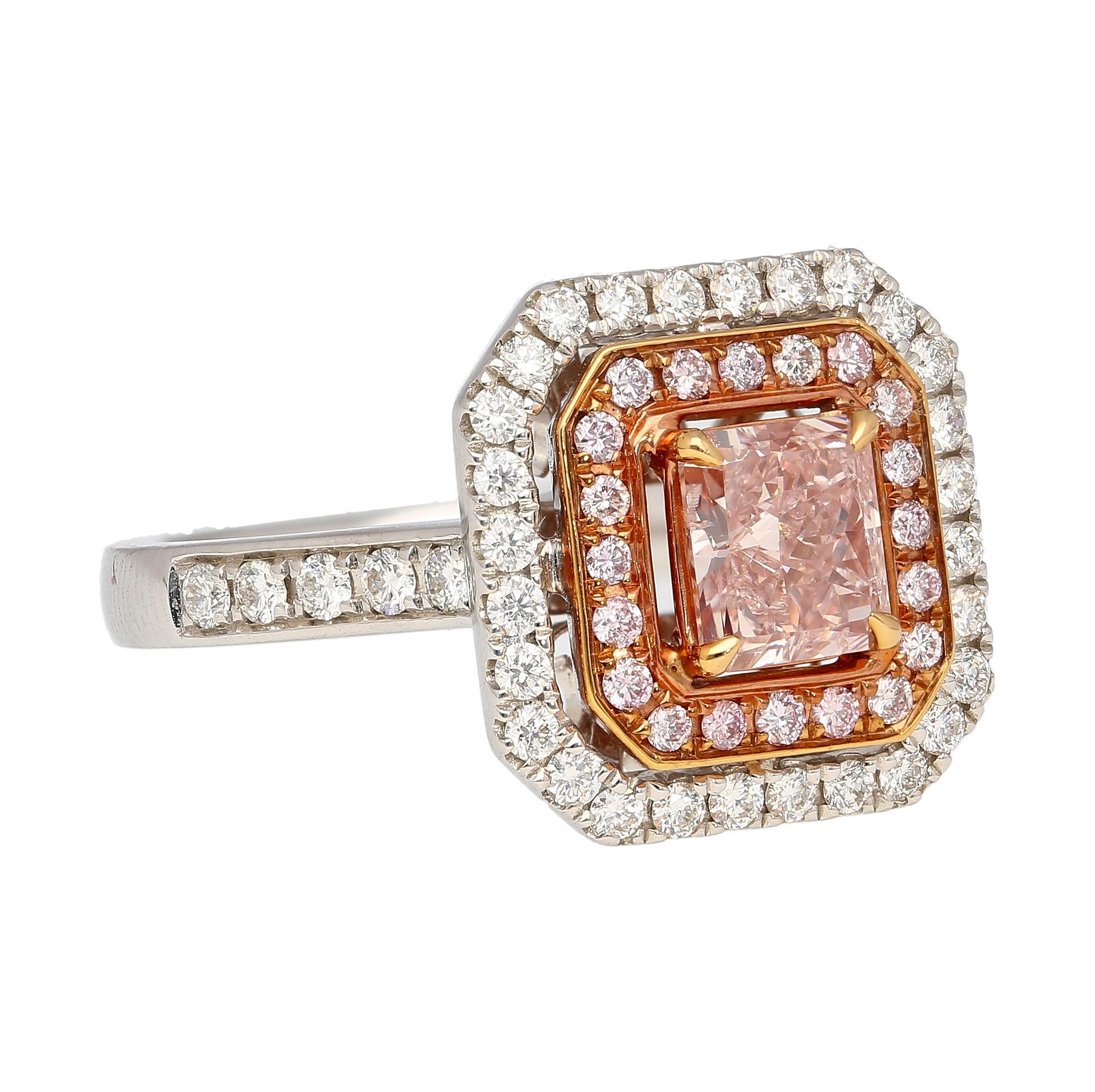 Item Details:
- Item Type: Ring
- Metals: 18K White Gold ; 18K Rose Gold
- Gemstones: Diamonds
- Weight: 7.02 Grams
- Size: 6

Center Stone Details:
- Type: Fancy Color Diamond
- Cut: Radiant 
- Carat: 0.88 
- Color: Orangey Pink
- Color Origin: