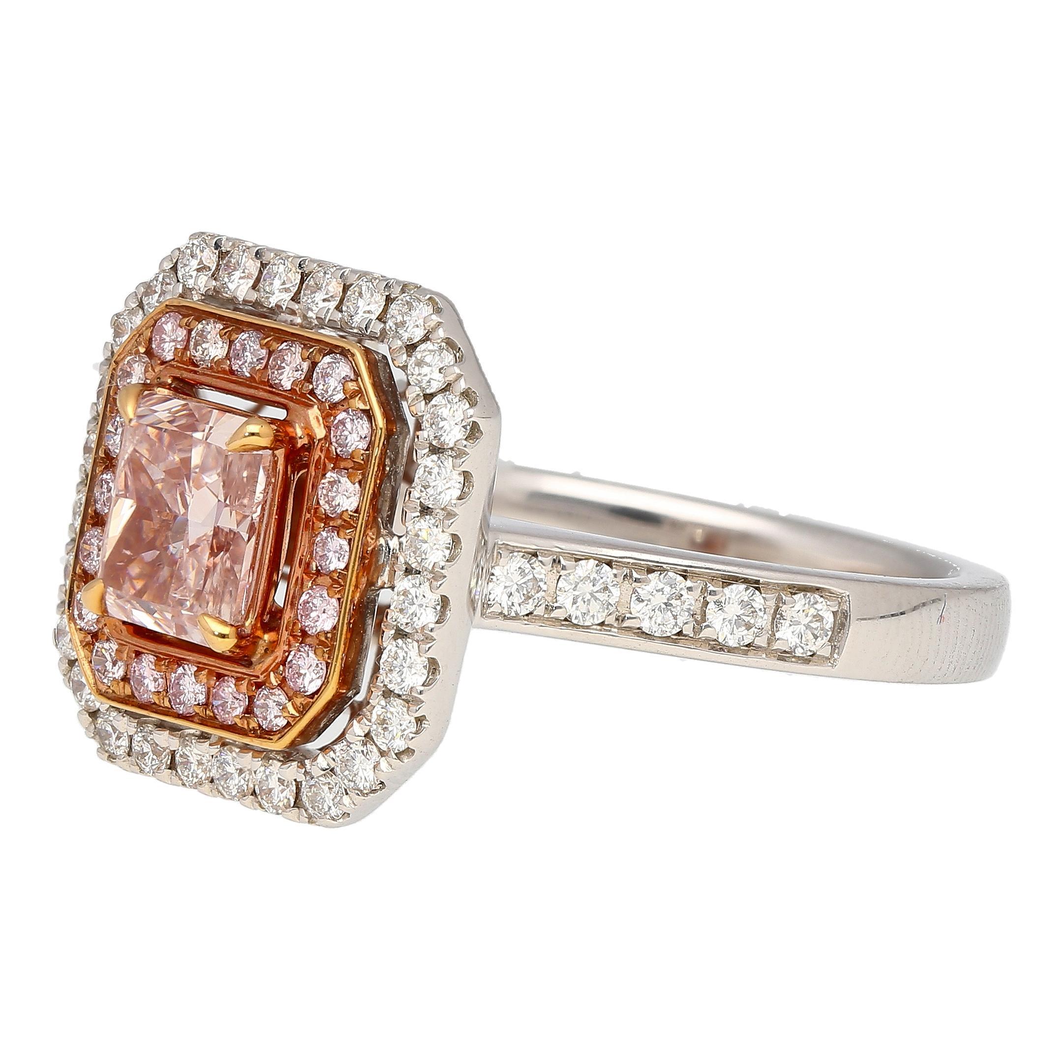 Radiant Cut GIA Certified Fancy Orangy Pink Diamond Double Halo 18K White Gold Ring For Sale