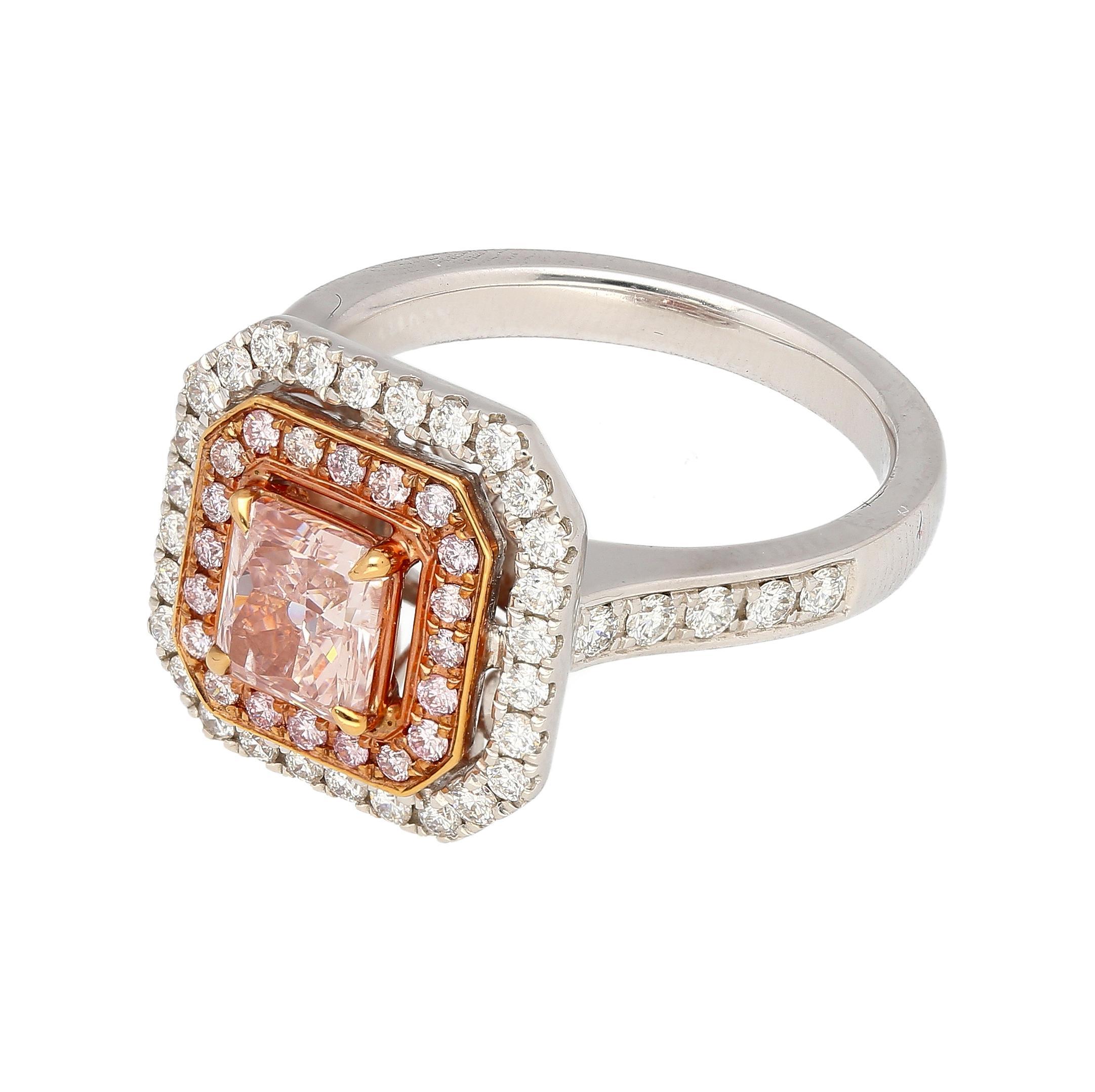 GIA Certified Fancy Orangy Pink Diamond Double Halo 18K White Gold Ring In New Condition For Sale In Miami, FL