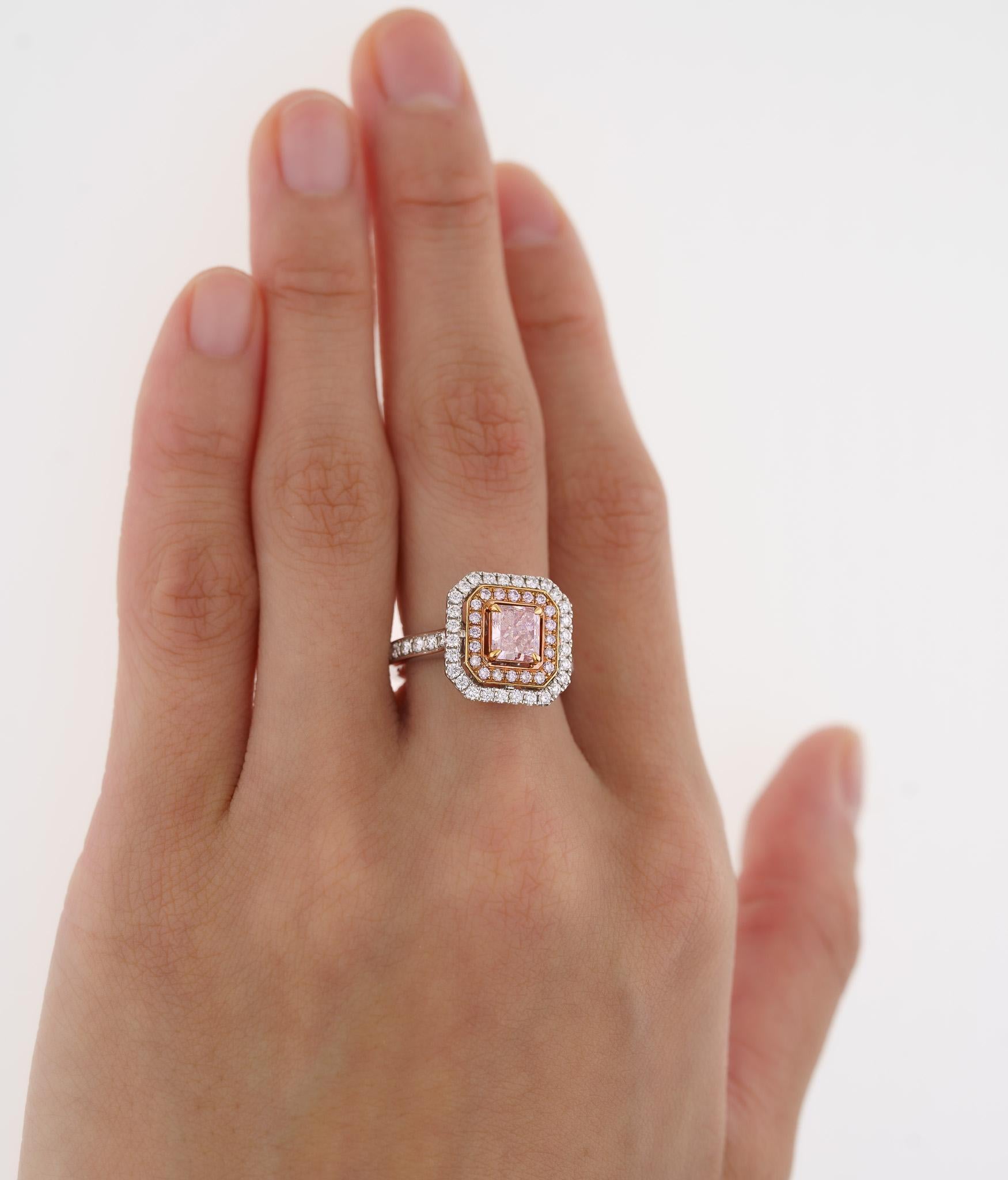 Women's or Men's GIA Certified Fancy Orangy Pink Diamond Double Halo 18K White Gold Ring For Sale