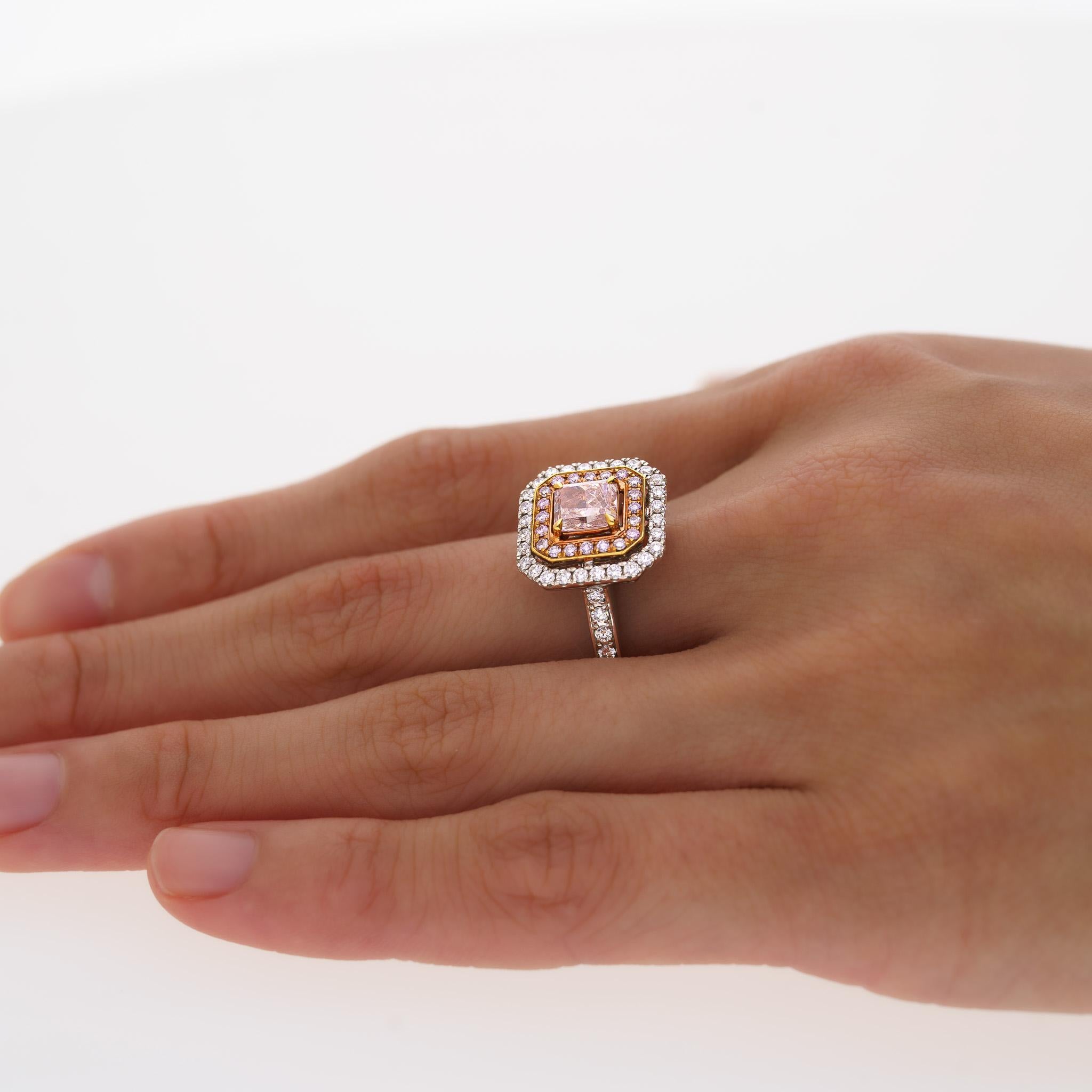 GIA Certified Fancy Orangy Pink Diamond Double Halo 18K White Gold Ring For Sale 1