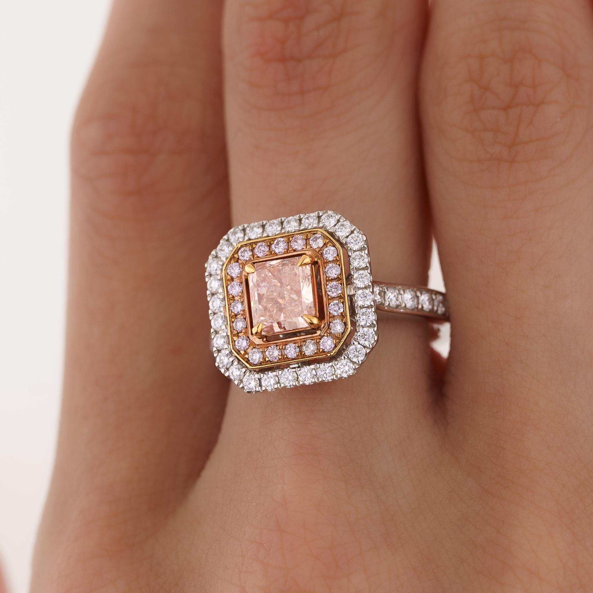 GIA Certified Fancy Orangy Pink Diamond Double Halo 18K White Gold Ring For Sale 2