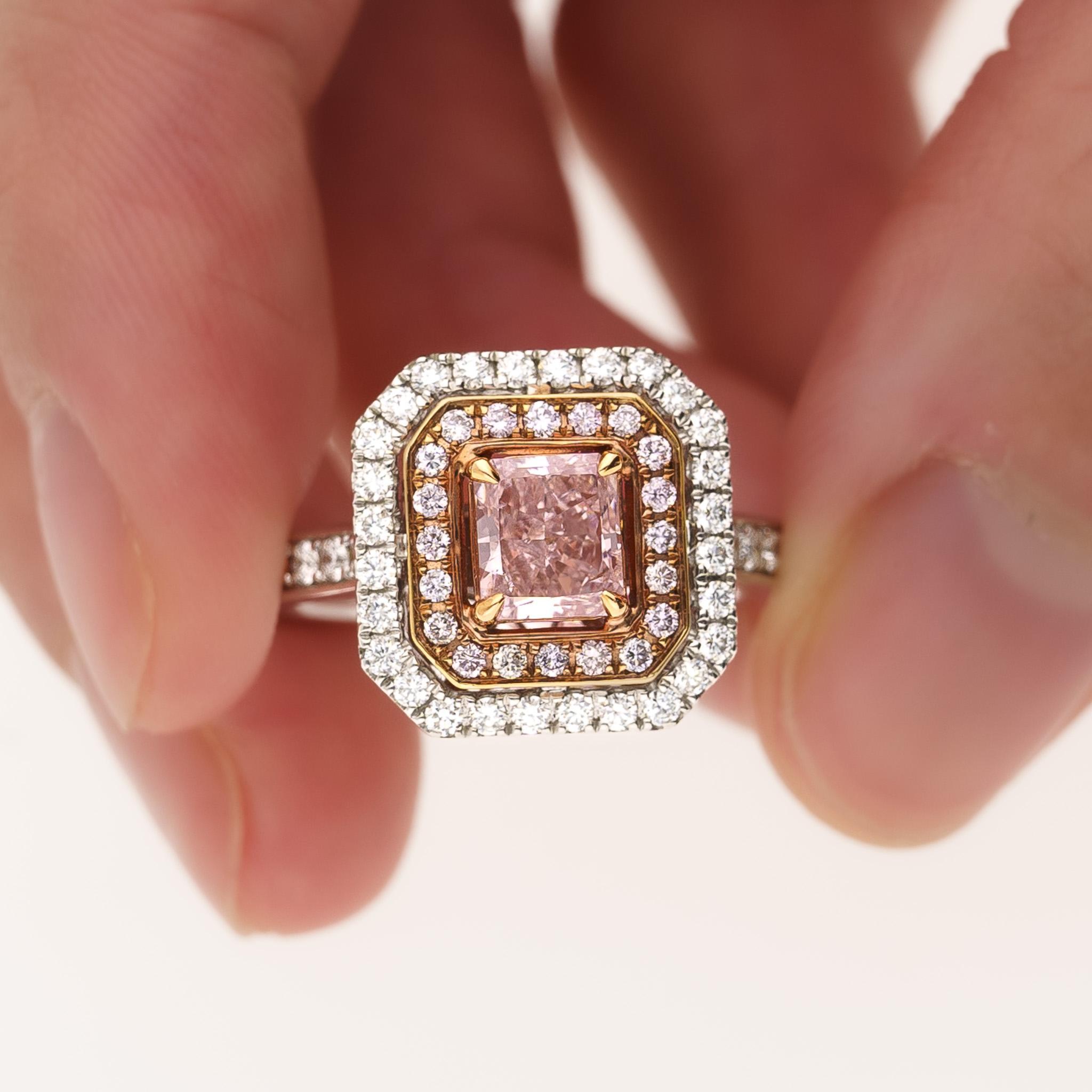 GIA Certified Fancy Orangy Pink Diamond Double Halo 18K White Gold Ring For Sale 3