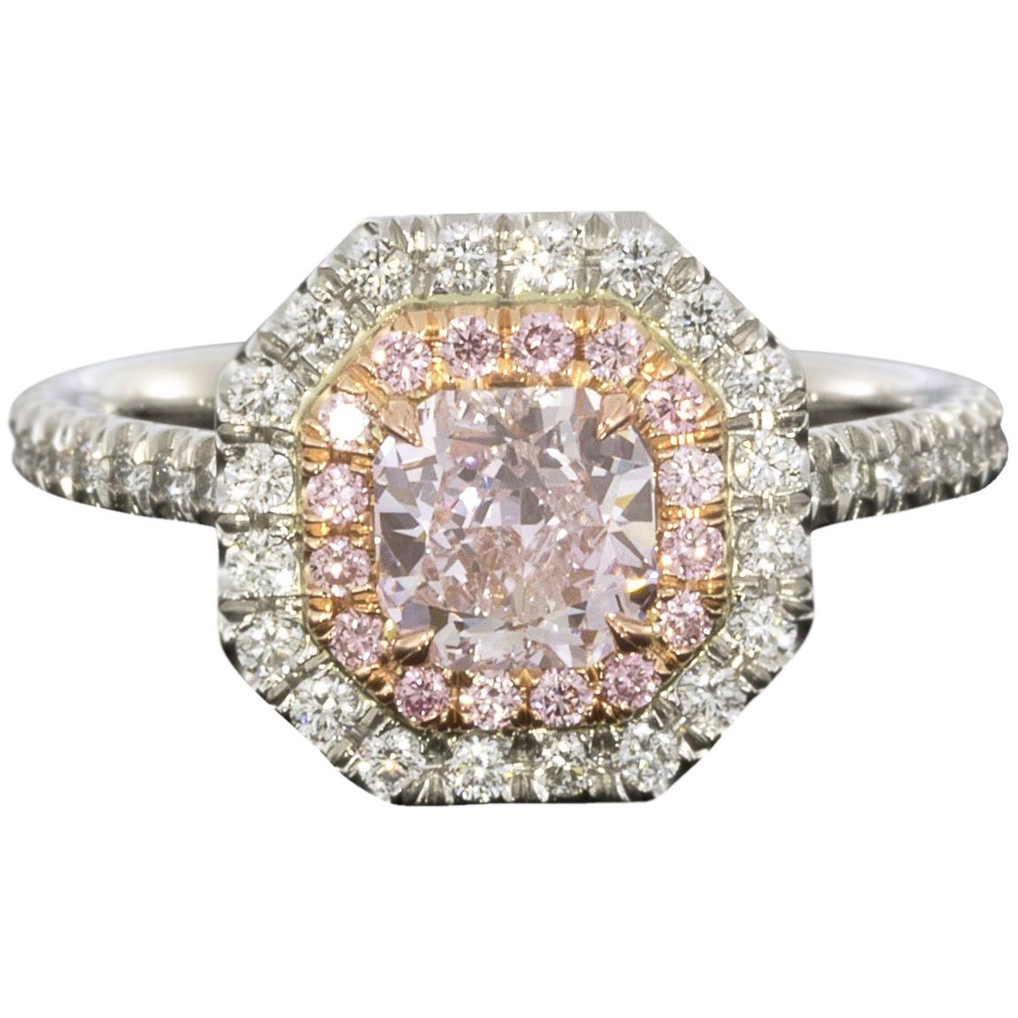 GIA Certified Fancy Pink Cushion Diamond Double Halo Engagement Ring at