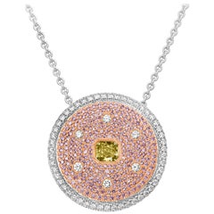 Roman Malakov, Fancy Vivid Yellow Diamond Cluster Circle Pendant Necklace