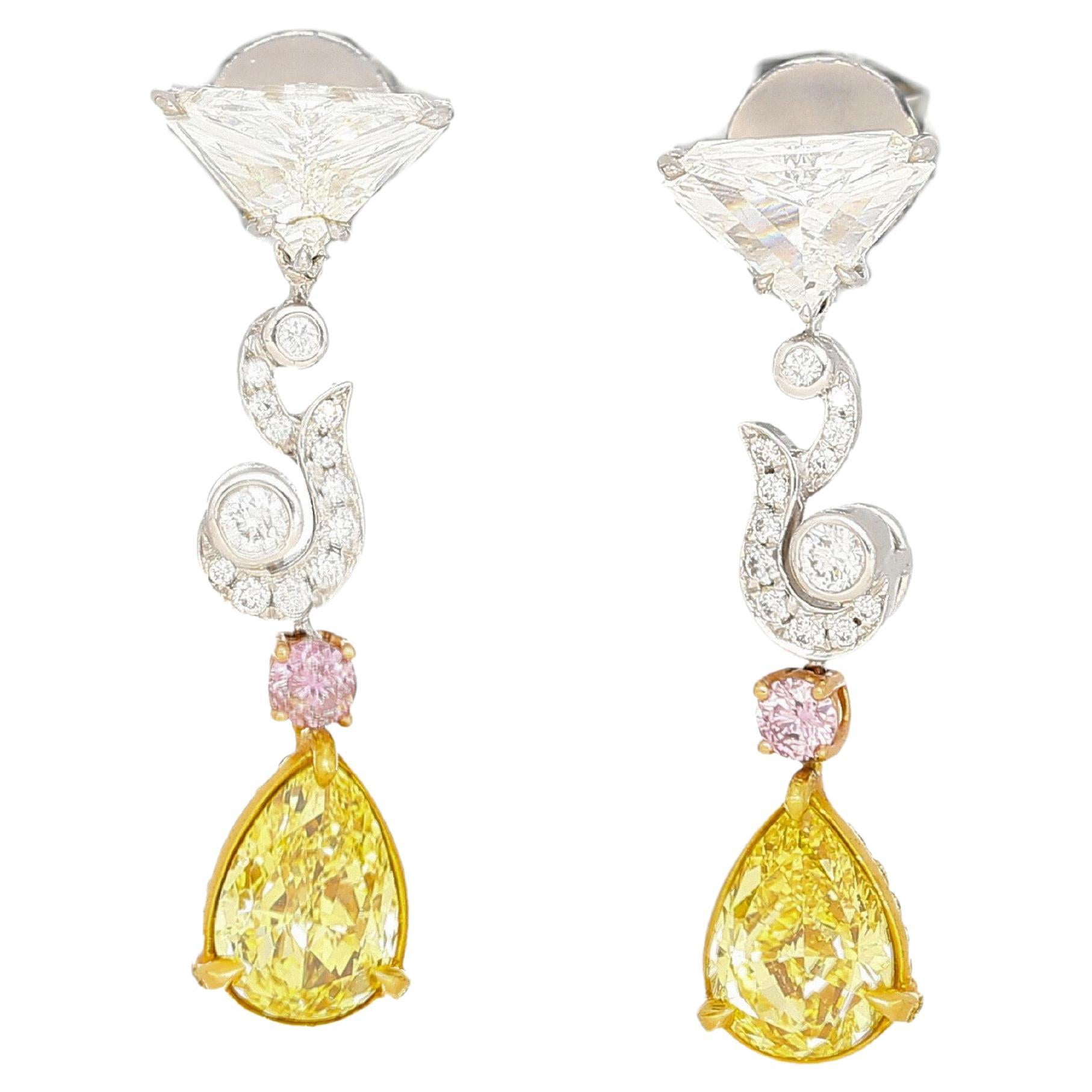GIA Certified Fancy Vivid Yellow Diamond Drop Earrings