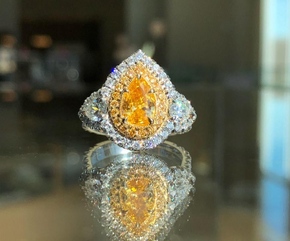 Pear Cut GIA Certified Fancy Vivid Yellowish Orange Pearshape Engagement or Cocktail Ring For Sale