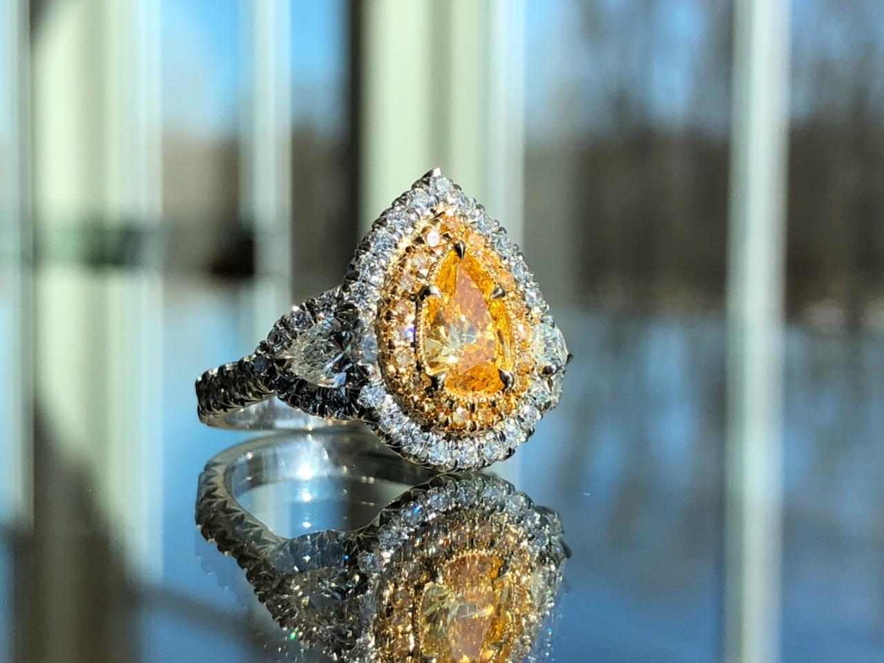 GIA Certified Fancy Vivid Yellowish Orange Pearshape Engagement or Cocktail Ring In New Condition For Sale In Whippany, NJ