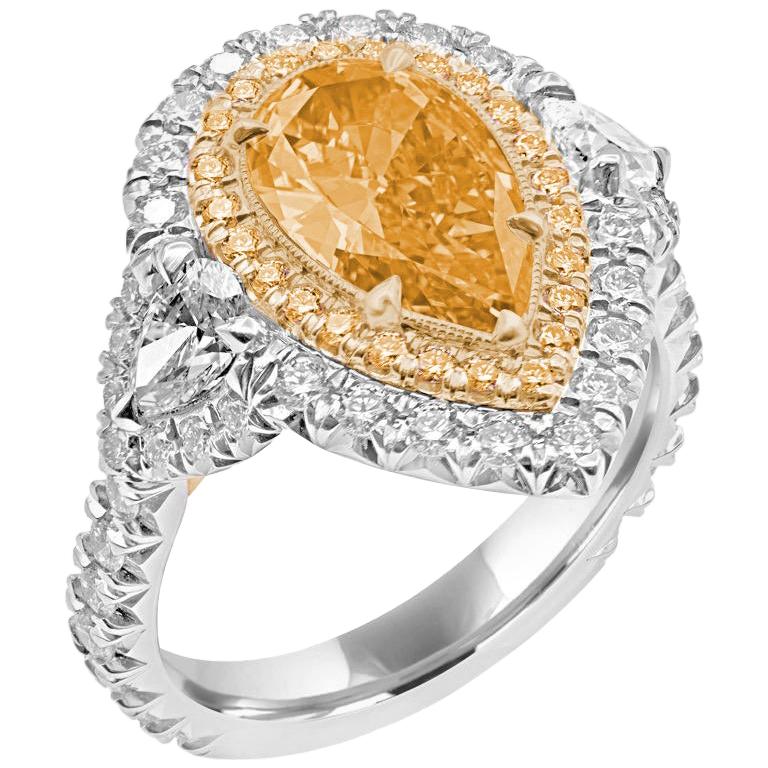 GIA Certified Fancy Vivid Yellowish Orange Pearshape Engagement or Cocktail Ring For Sale