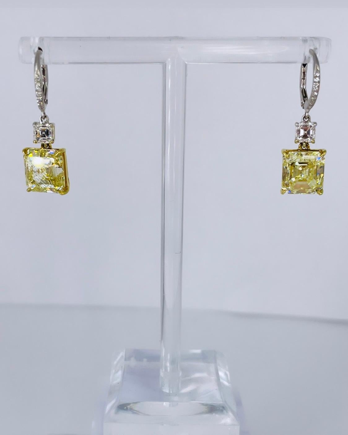 Contemporary GIA-Certified Fancy Yellow 10.83 Carat Asscher-Cut Diamond Drop Earrings For Sale