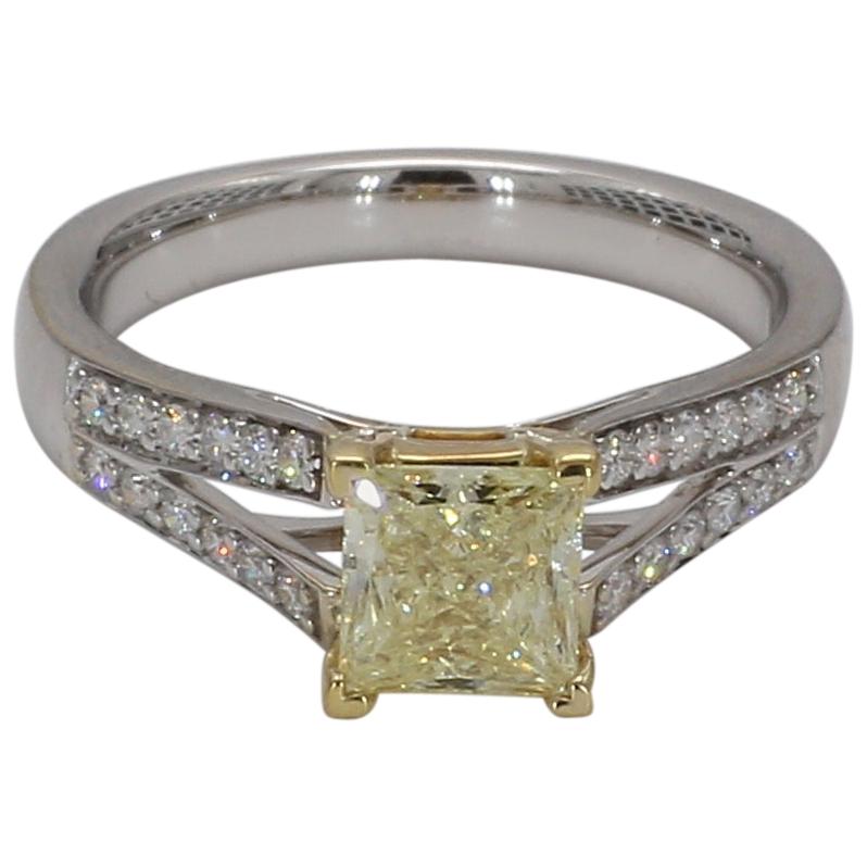 GIA Certified Fancy Yellow 1.08cts Princess Cut & White Diamond Ring 1.32cts TW