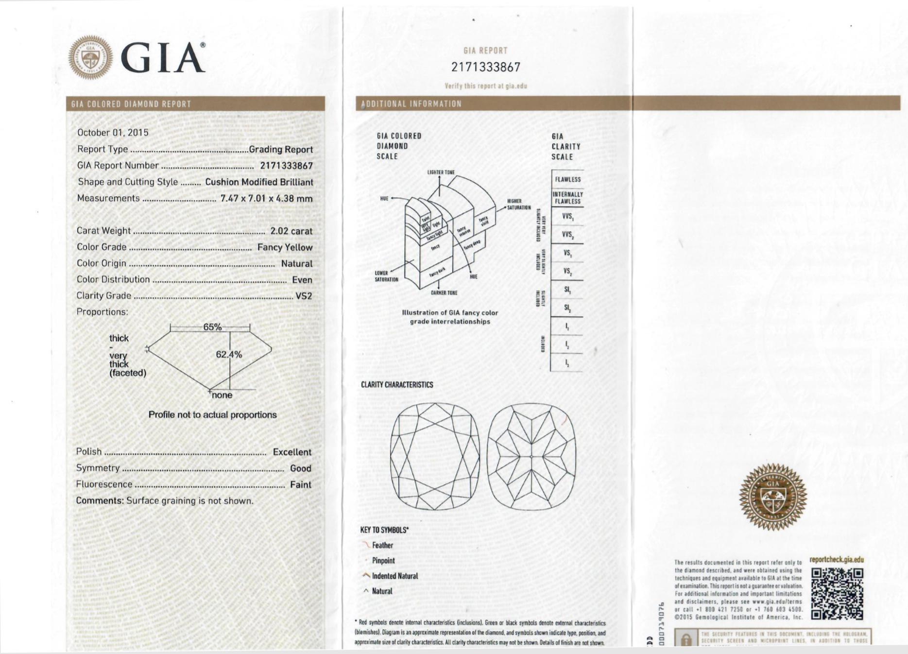 GIA-zertifizierter Fancy Gelber Diamantring mit 2,02 Karat Einzelstein im Kissenschliff 1