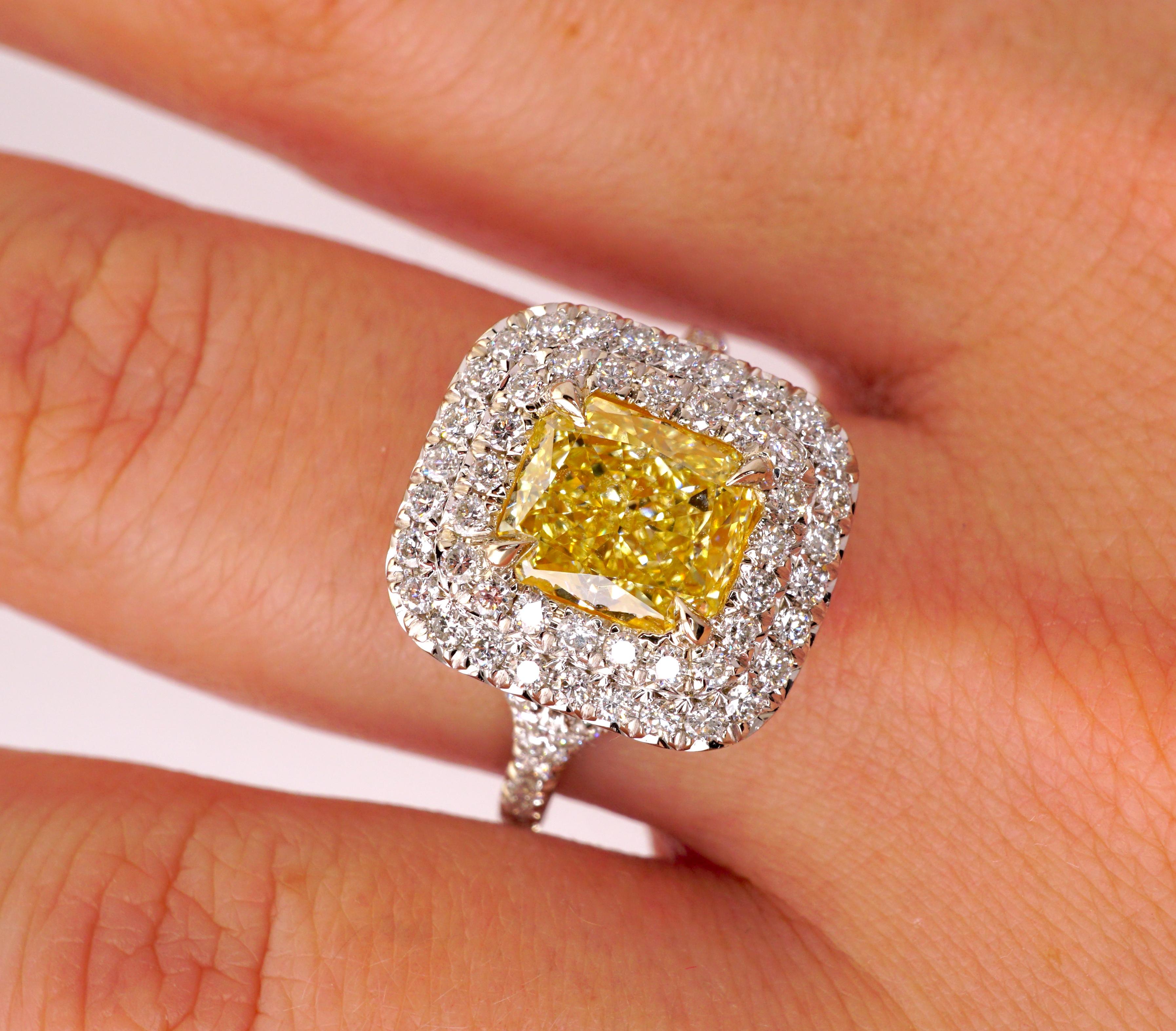 Contemporary GIA Certified Fancy Yellow 2.03 Ct Diamond Engagement Ring For Sale