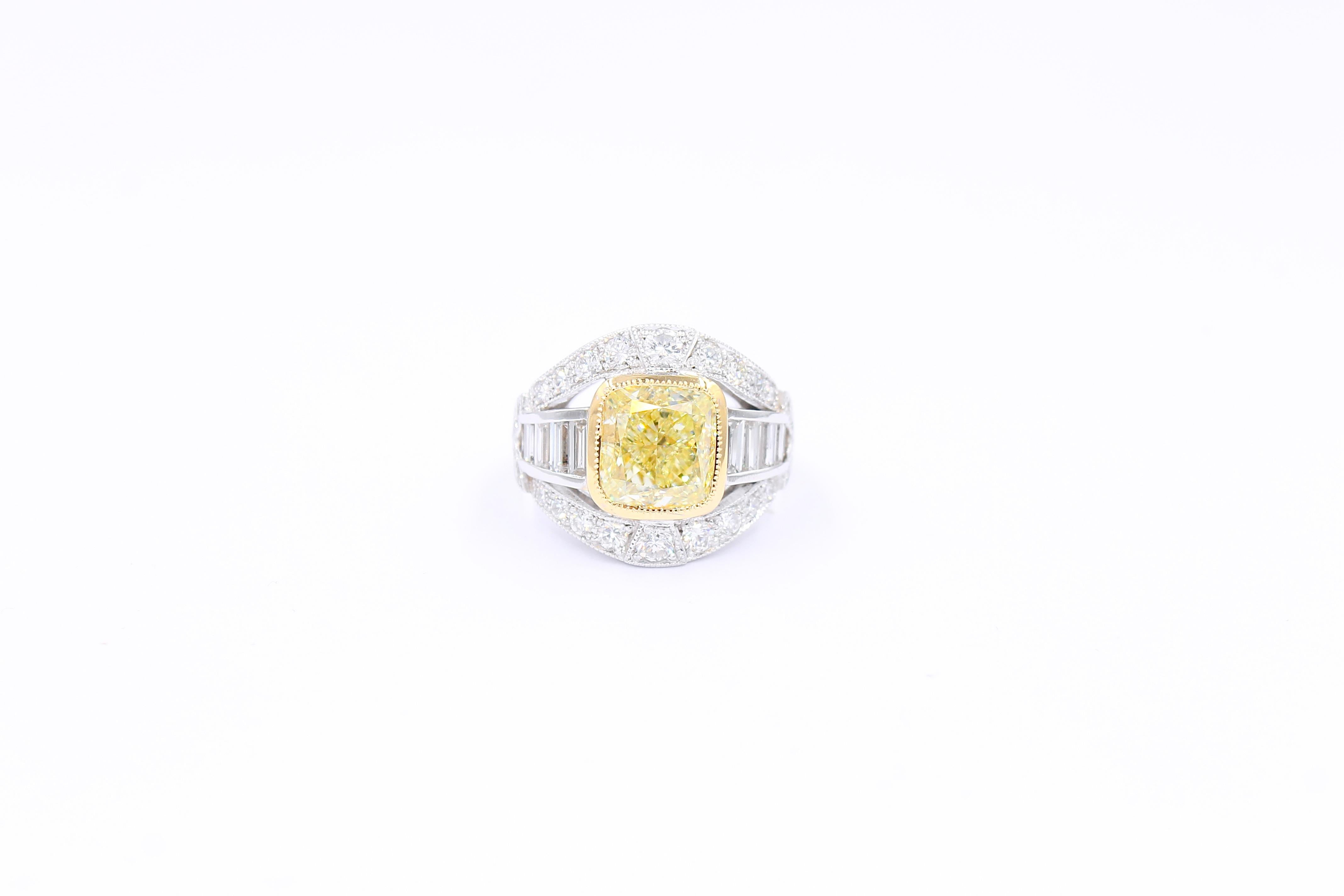 Modern GIA certified Fancy yellow 5.01 Carat Diamond ring  For Sale