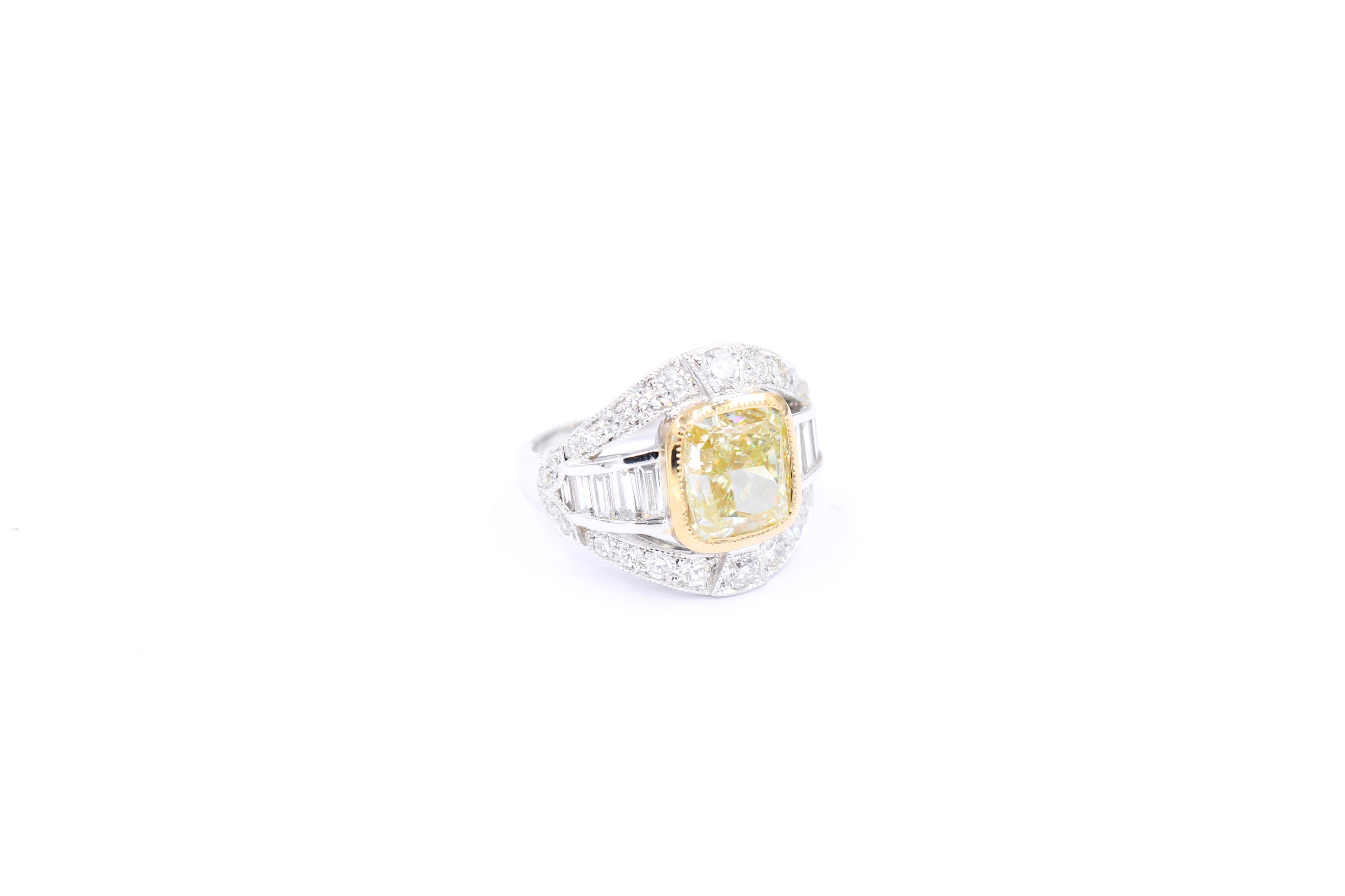 Cushion Cut GIA certified Fancy yellow 5.01 Carat Diamond ring  For Sale