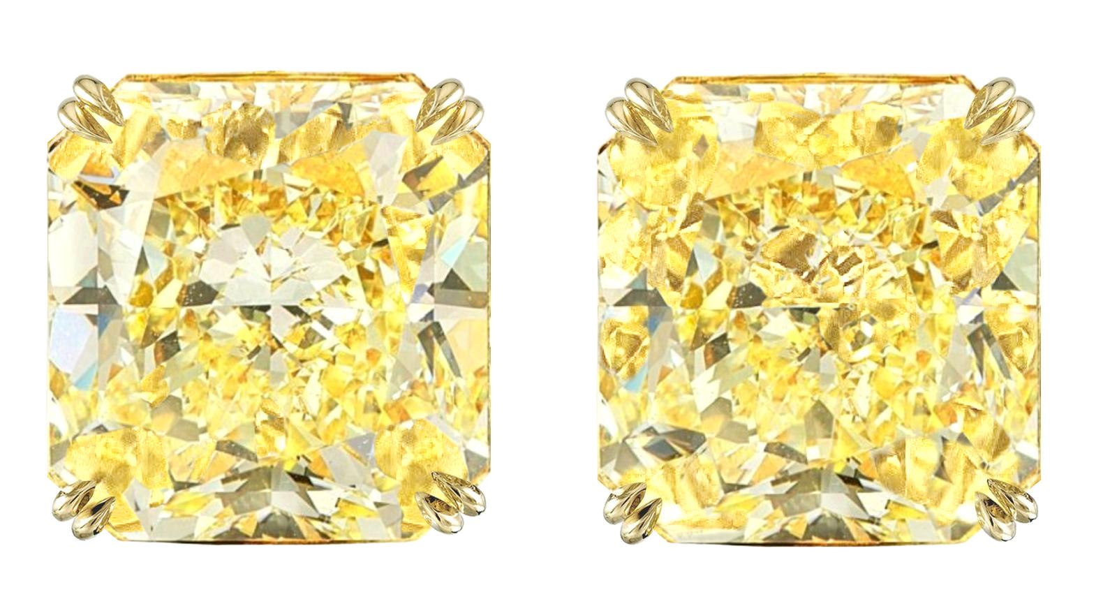Beautiful diamond stud earrings that offer a super classic look. 
fancy yellow 6.63 carat radiant cut diamond studs set in 18 carats yellow gold