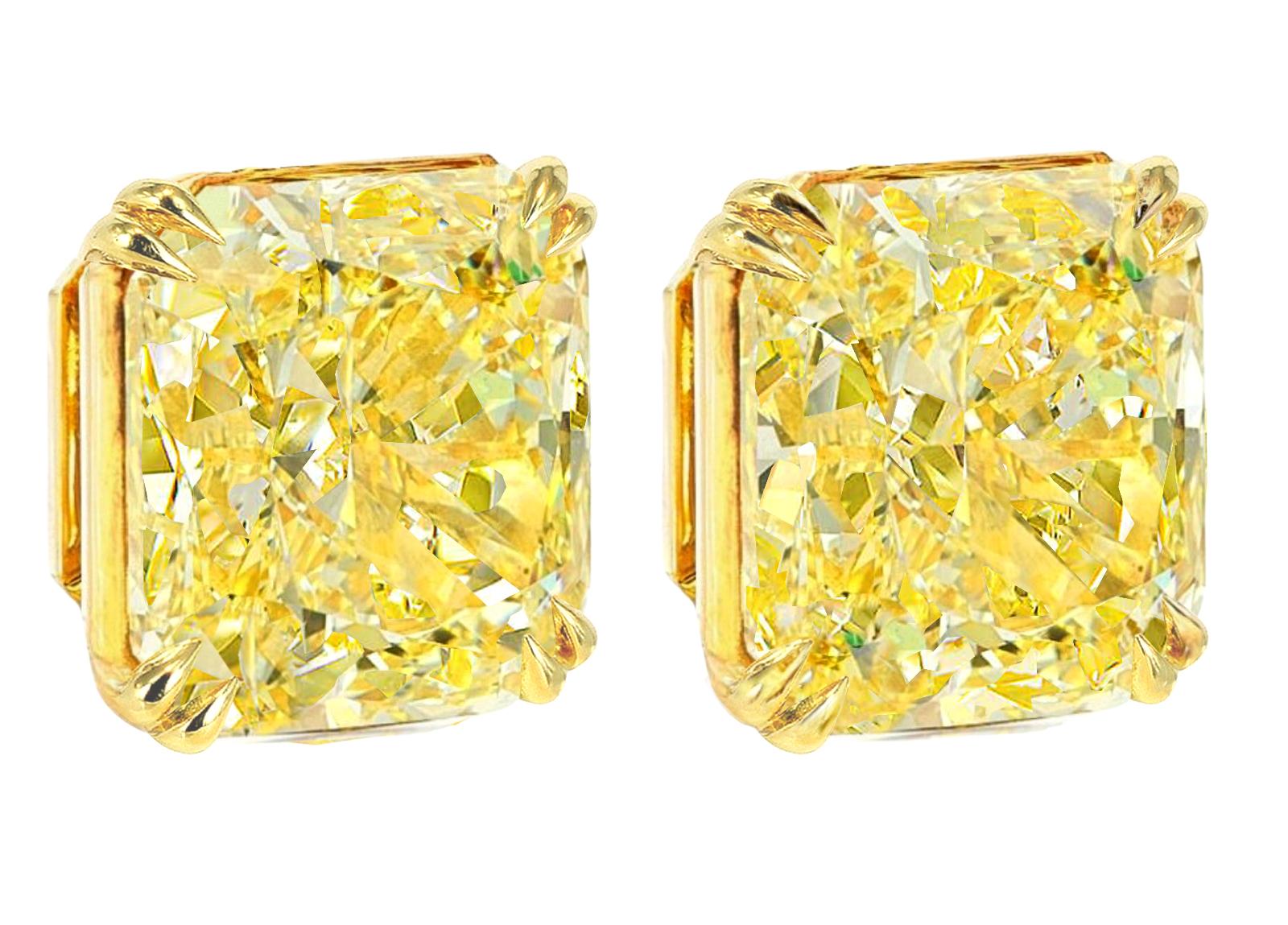 Contemporary GIA Certified Fancy Yellow 6.63 Carat Radiant Cut Diamond Studs For Sale