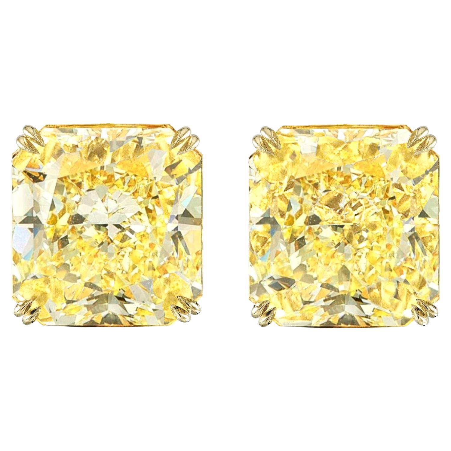GIA Certified Fancy Yellow 6.63 Carat Radiant Cut Diamond Studs For Sale