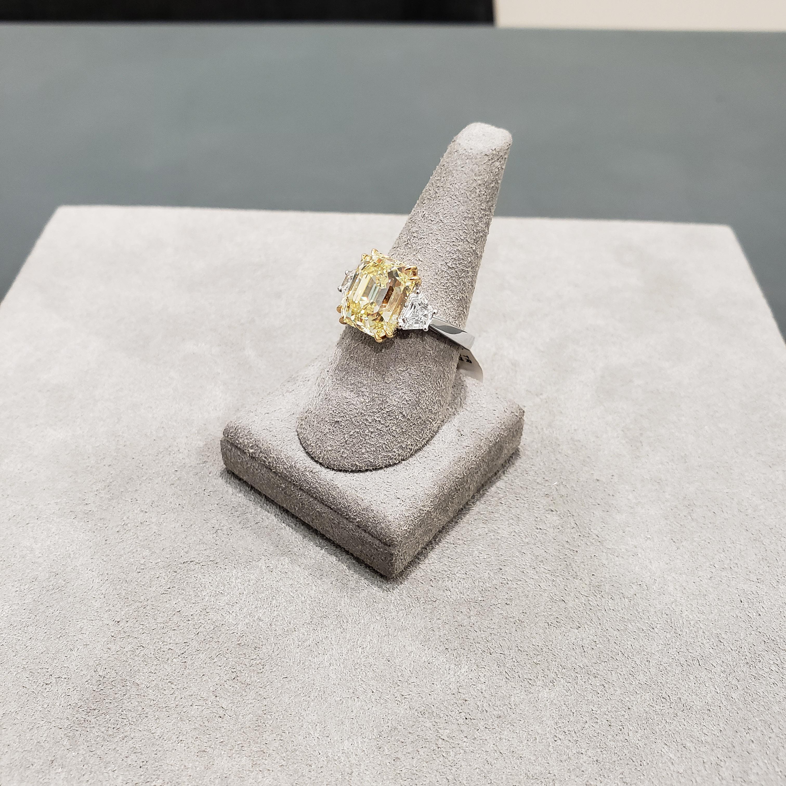 Contemporary Roman Malakov, GIA Certified Fancy Yellow Emerald Cut Diamond Three-Stone Ring