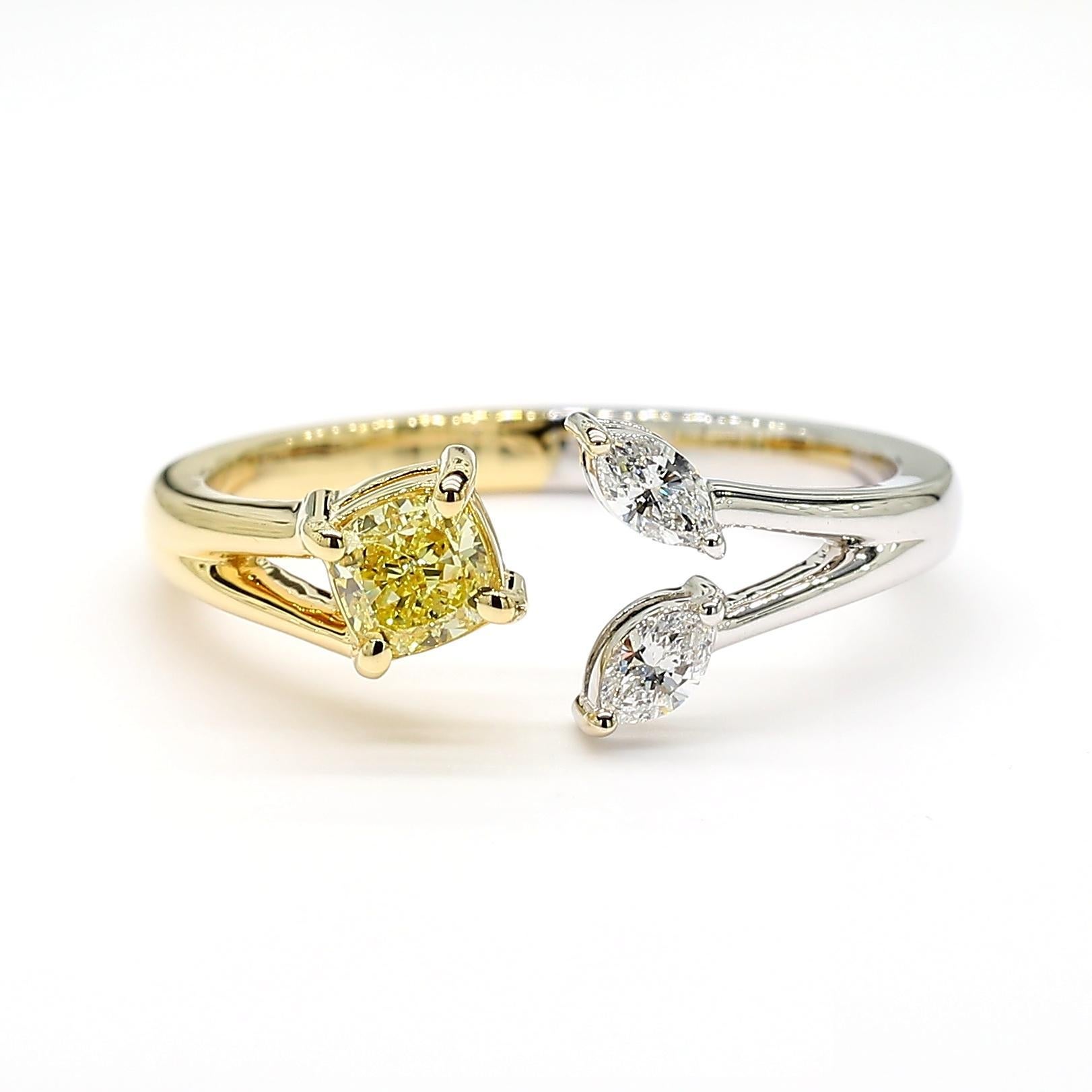 Contemporary GIA Certified Fancy Yellow Cushion Diamond 0.43 Carat TW Gold Cocktail Ring For Sale