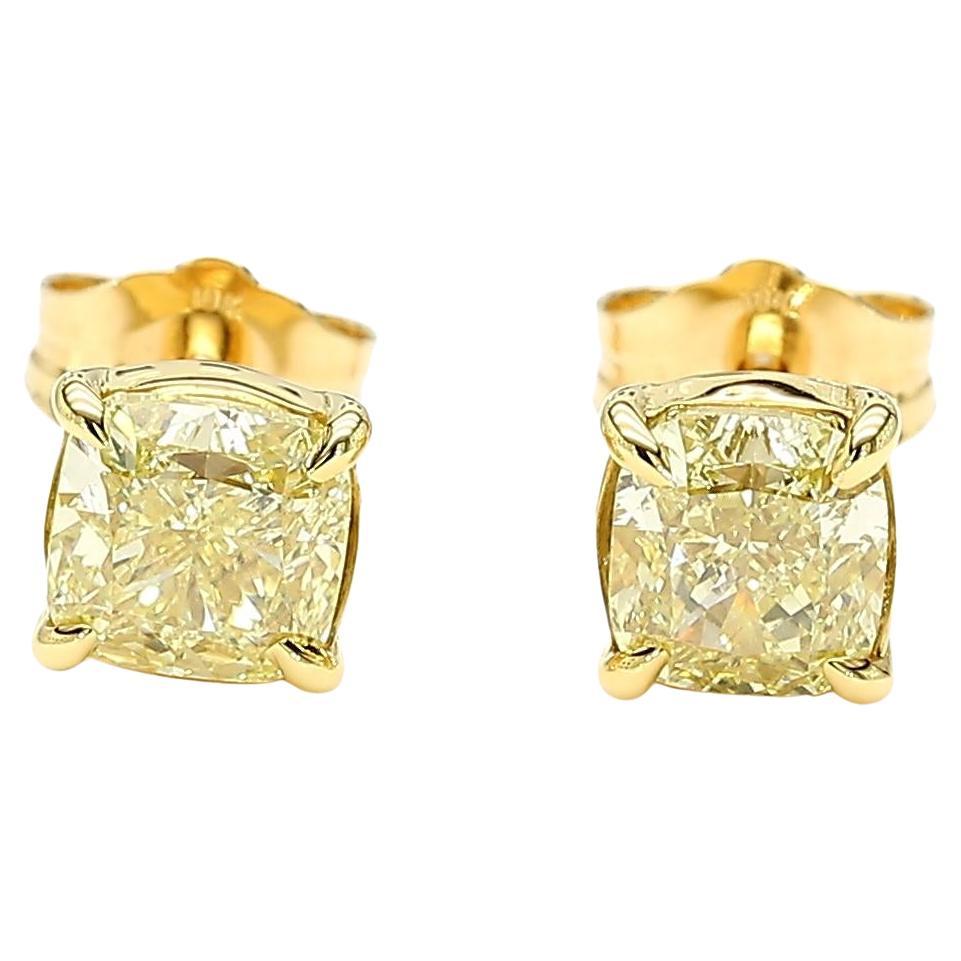 GIA Certified Fancy Yellow Cushion Diamond 1.50 Carat TW Gold Stud Earrings