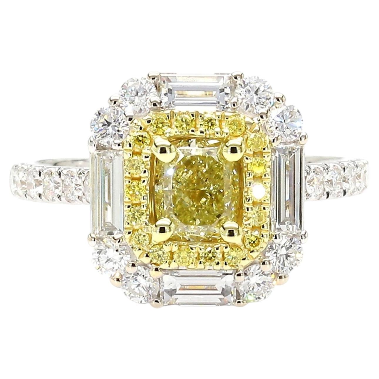 GIA Certified Fancy Yellow Cushion Diamond 1.81 Carat TW Gold Cocktail Ring