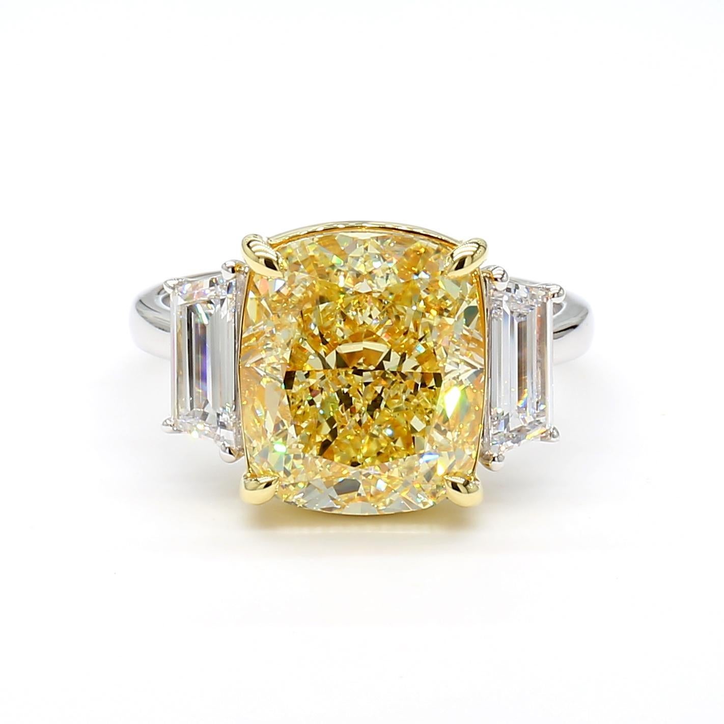 Contemporary GIA Certified Fancy Yellow Cushion Diamond 7.64 Carat TW Cocktail Ring For Sale
