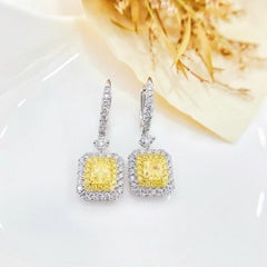 GIA Certified Fancy Yellow Diamond 18K White Gold Dangle Earrings with Diamonds