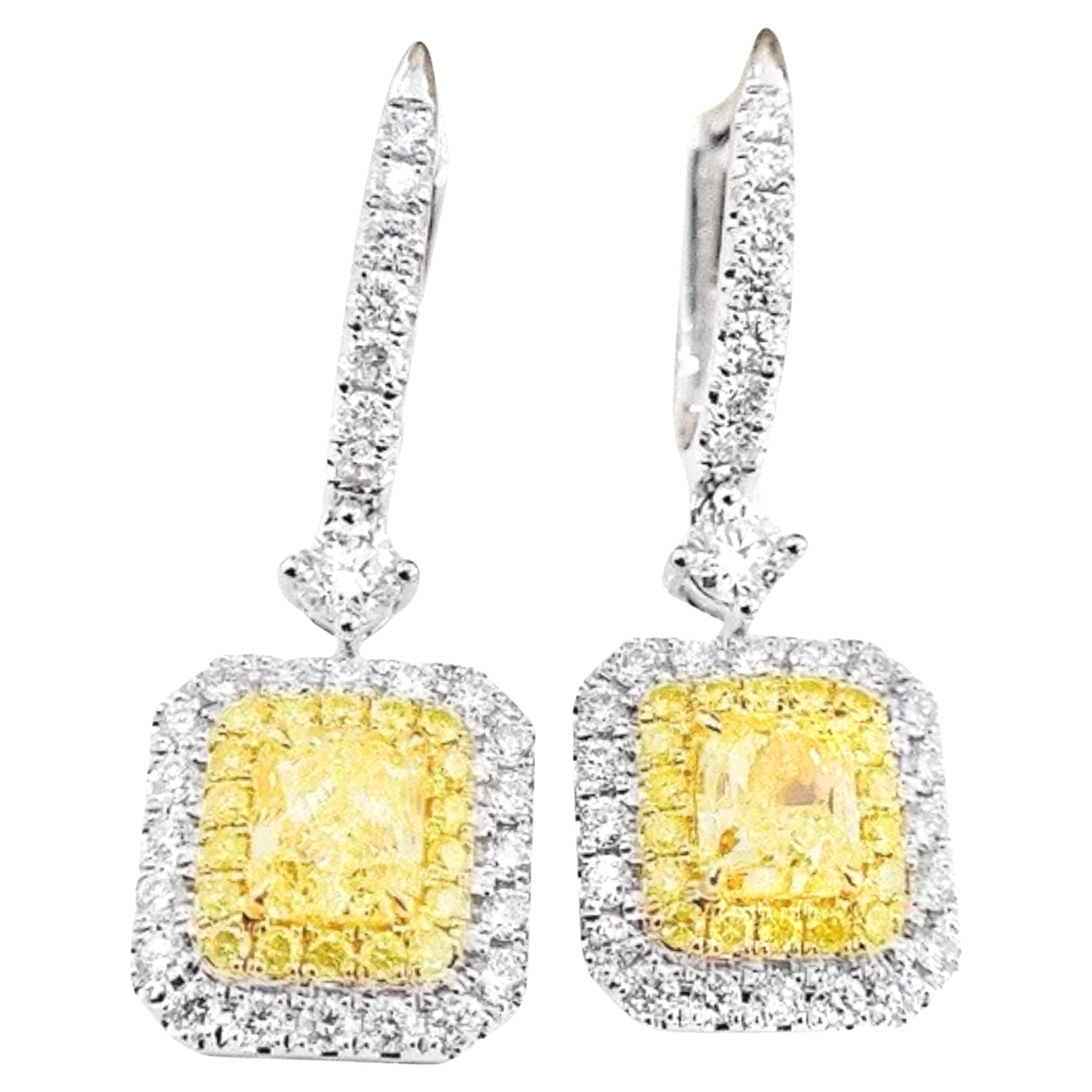 GIA Certified Fancy Yellow Diamond 18K White Gold Dangle Earrings with Diamonds