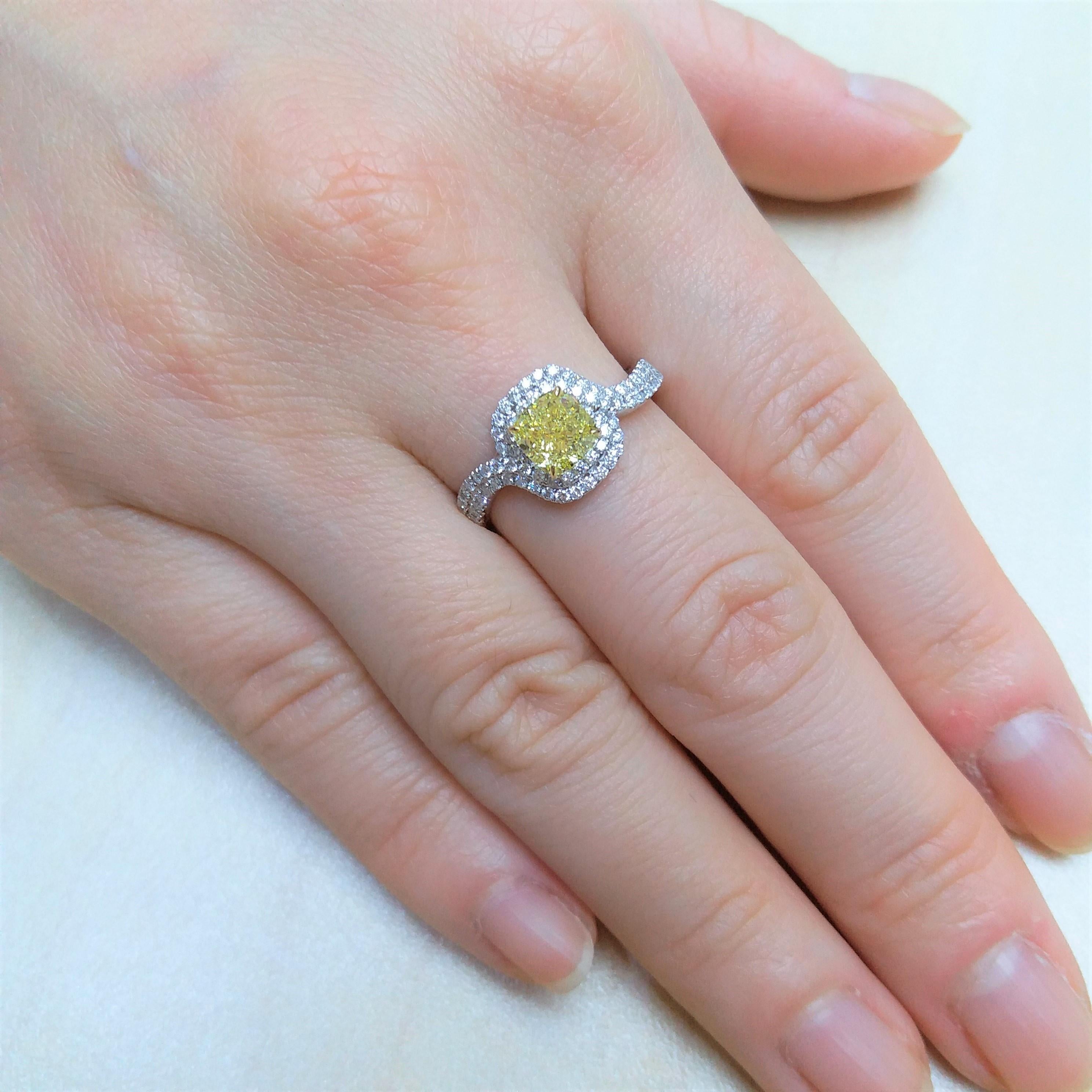 Cushion Cut GIA Certified Yellow Diamond White Diamond Platinum Wedding Ring