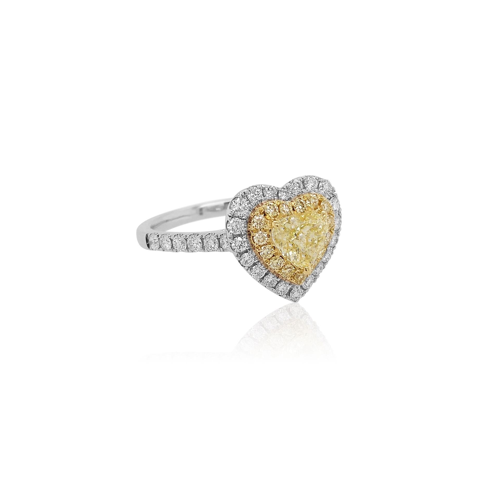 Heart Cut GIA Certified Fancy Yellow Diamond and White Diamond Ring in 18 Karat White Gold