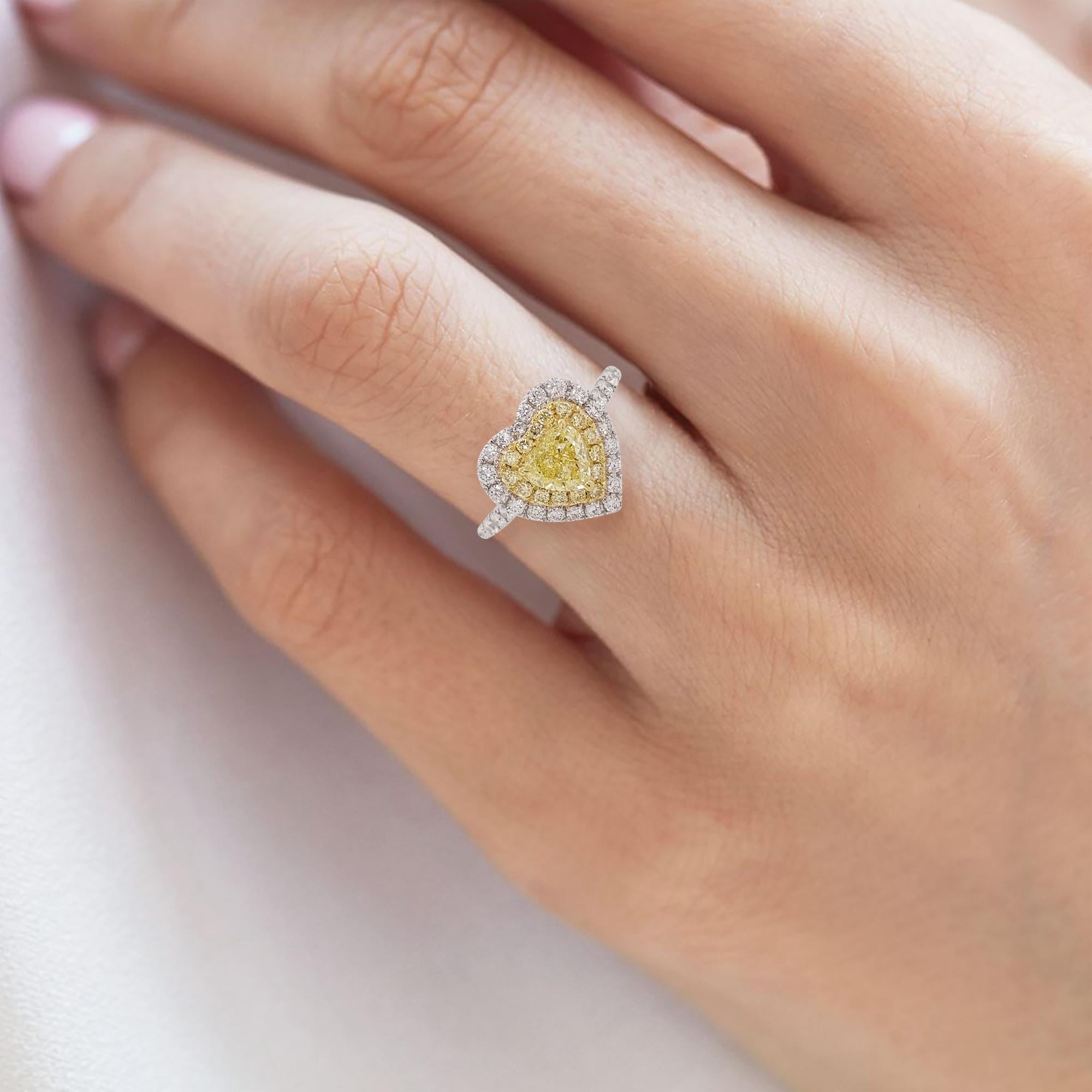 Women's GIA Certified Fancy Yellow Diamond and White Diamond Ring in 18 Karat White Gold