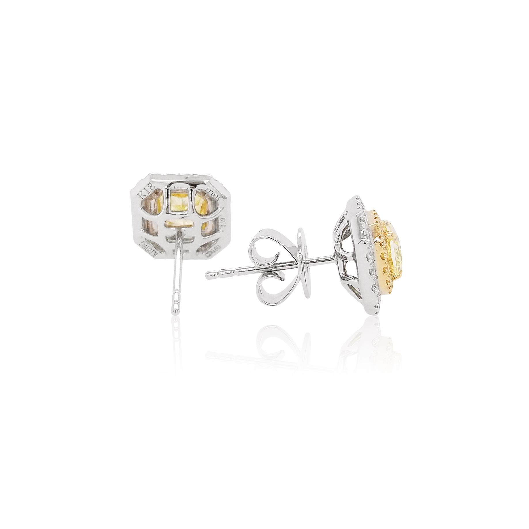 Contemporary GIA Certified Fancy Yellow Diamond and White Diamond 18K Gold Stud Earrings