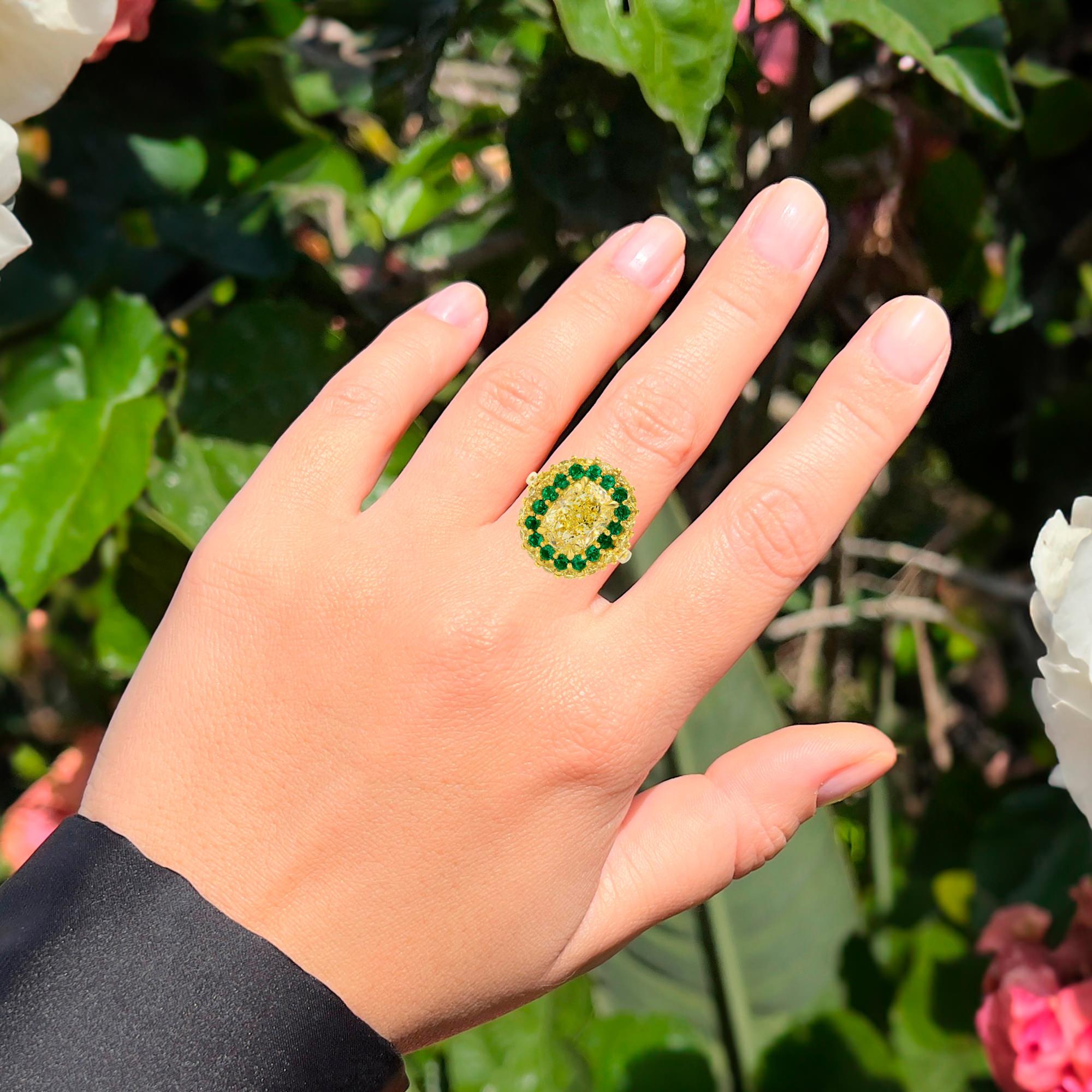 Contemporary GIA Certified Fancy Yellow Diamond Cocktail Ring Emerald Halo 6 Carats Total For Sale