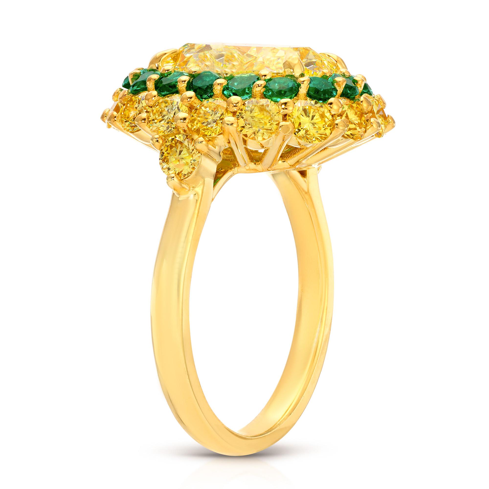 Cushion Cut GIA Certified Fancy Yellow Diamond Cocktail Ring Emerald Halo 6 Carats Total For Sale