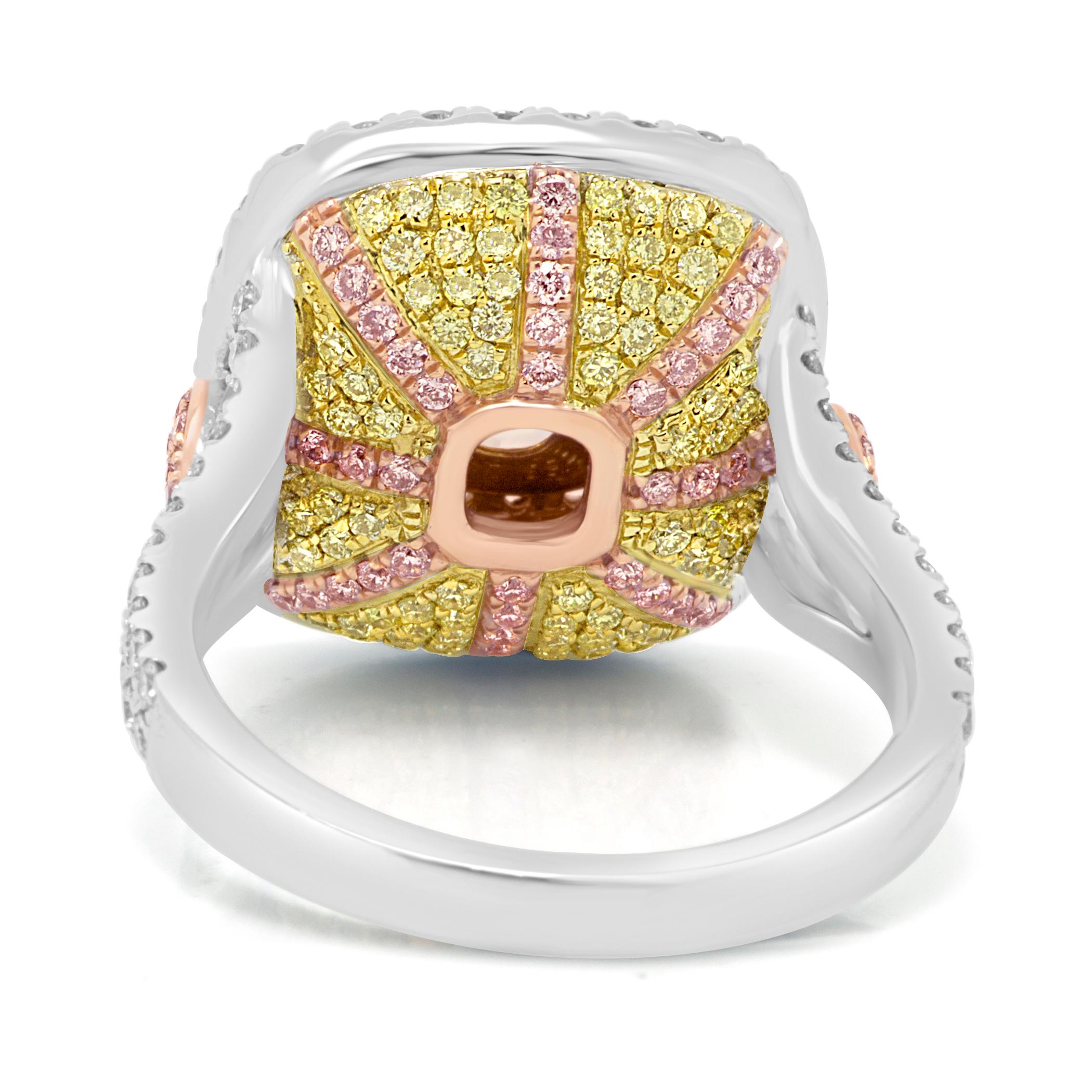 Contemporary GIA Certified Fancy Yellow Diamond Cushion Triple Halo Three-Color Gold Ring