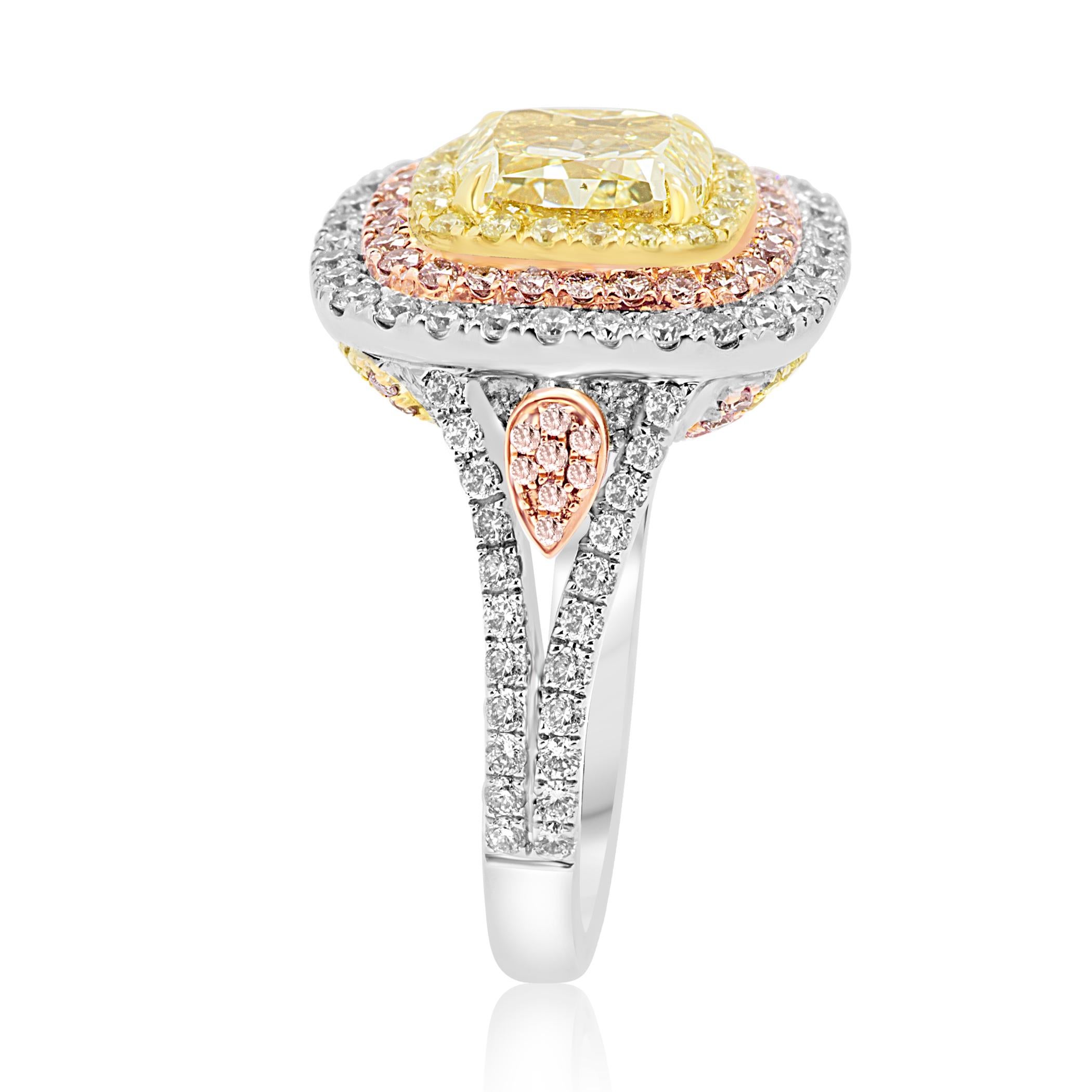 Women's GIA Certified Fancy Yellow Diamond Cushion Triple Halo Three-Color Gold Ring
