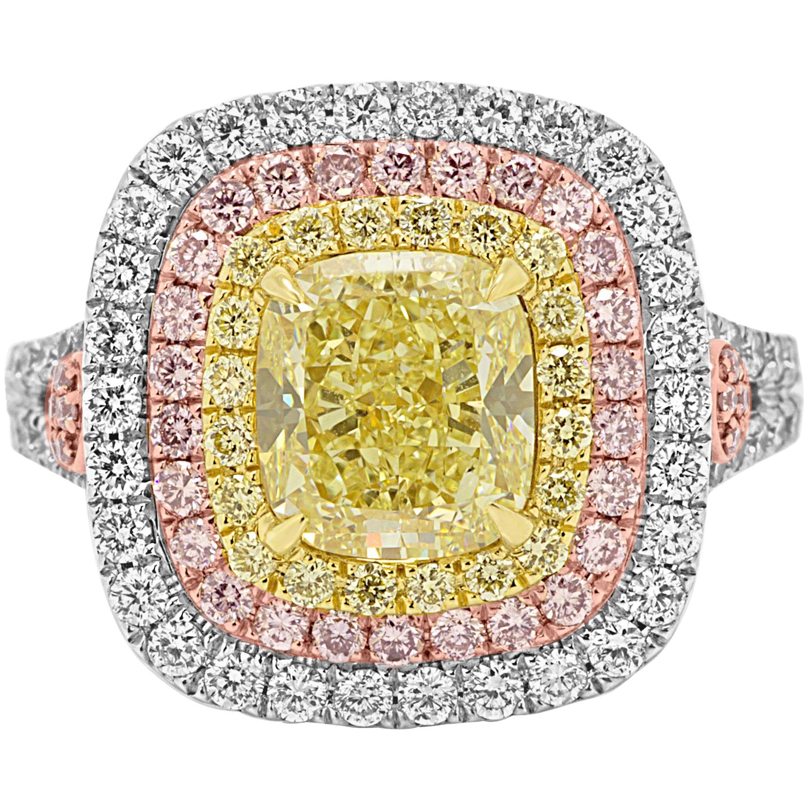 GIA Certified Fancy Yellow Diamond Cushion Triple Halo Three-Color Gold Ring