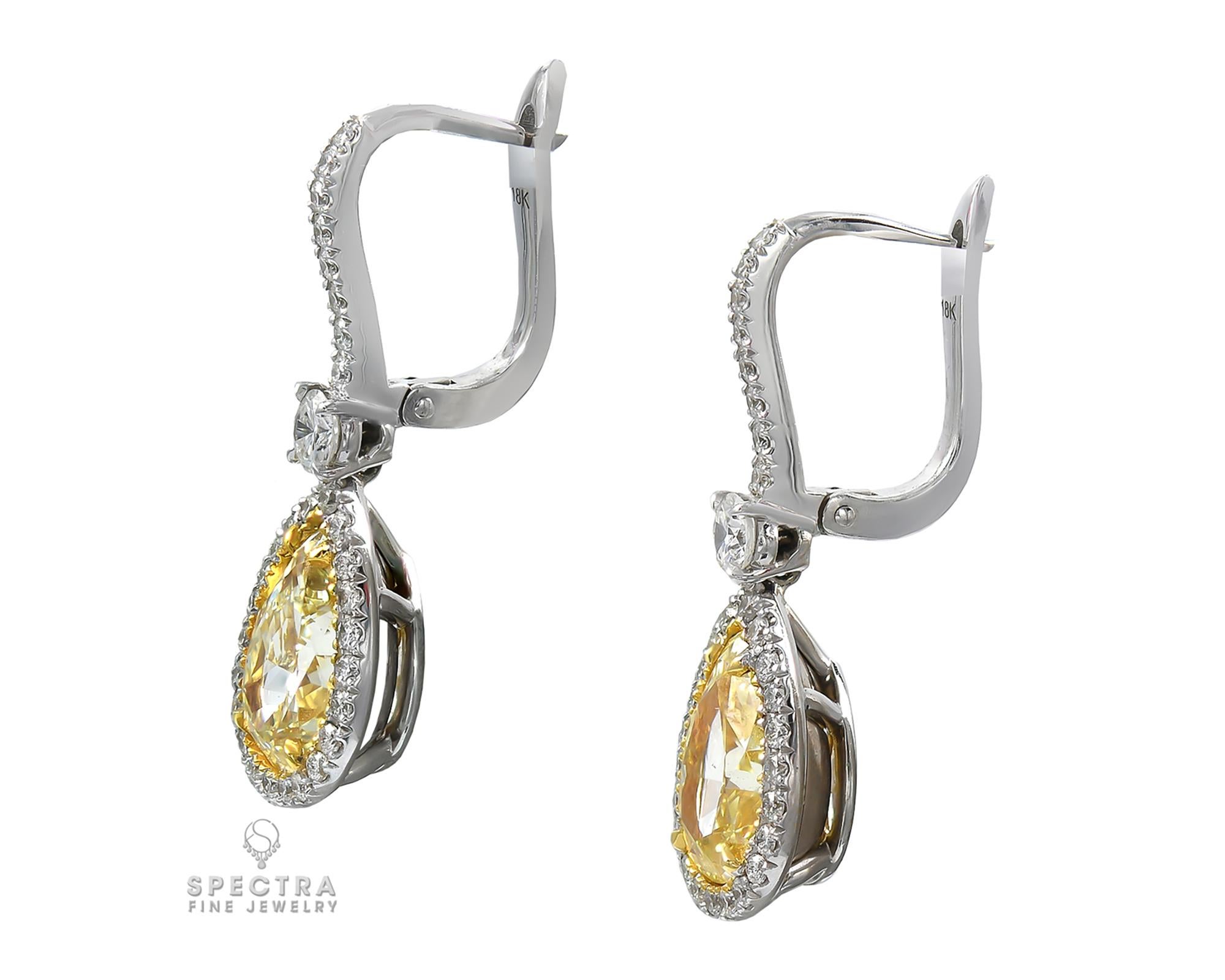 Contemporary Spectra Fine Jewelry GIA Certified Yellow Diamond Halo Drop Earrings For Sale