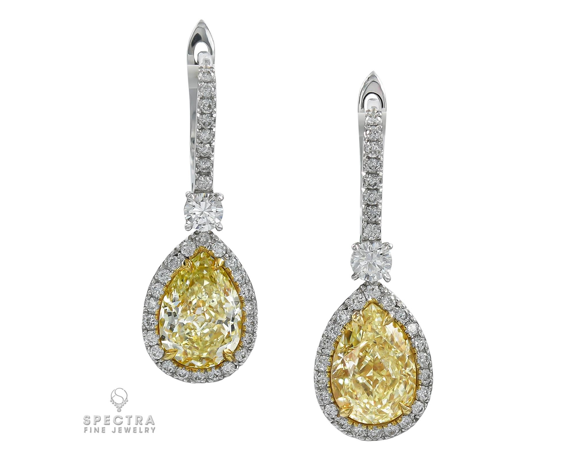 Pear Cut Spectra Fine Jewelry GIA Certified Yellow Diamond Halo Drop Earrings For Sale