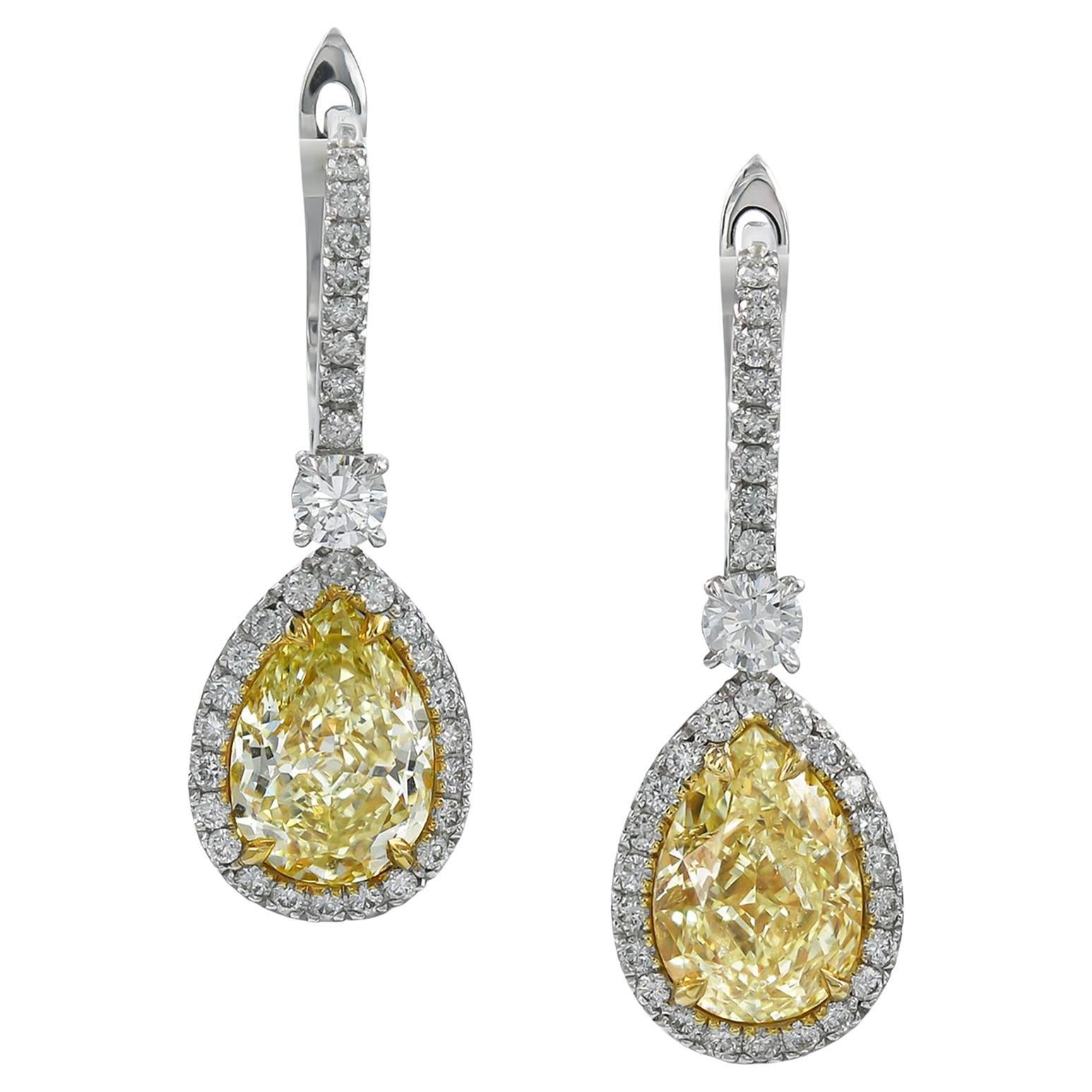 Spectra Fine Jewelry GIA Certified Yellow Diamond Halo Drop Earrings For Sale