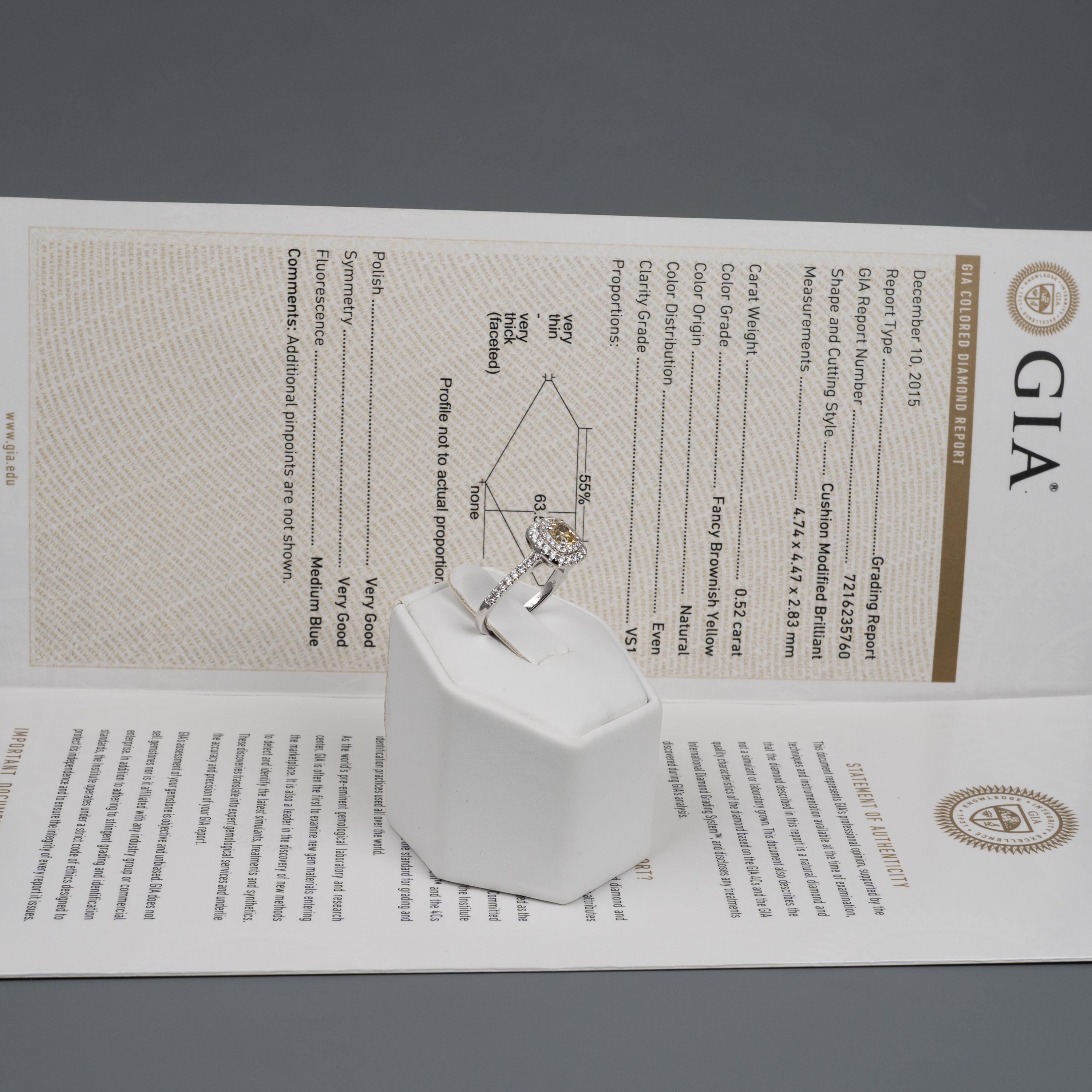 GIA Certified Fancy Yellow Diamond Halo Ring 18 Karat White Gold Full Hallmarks 5