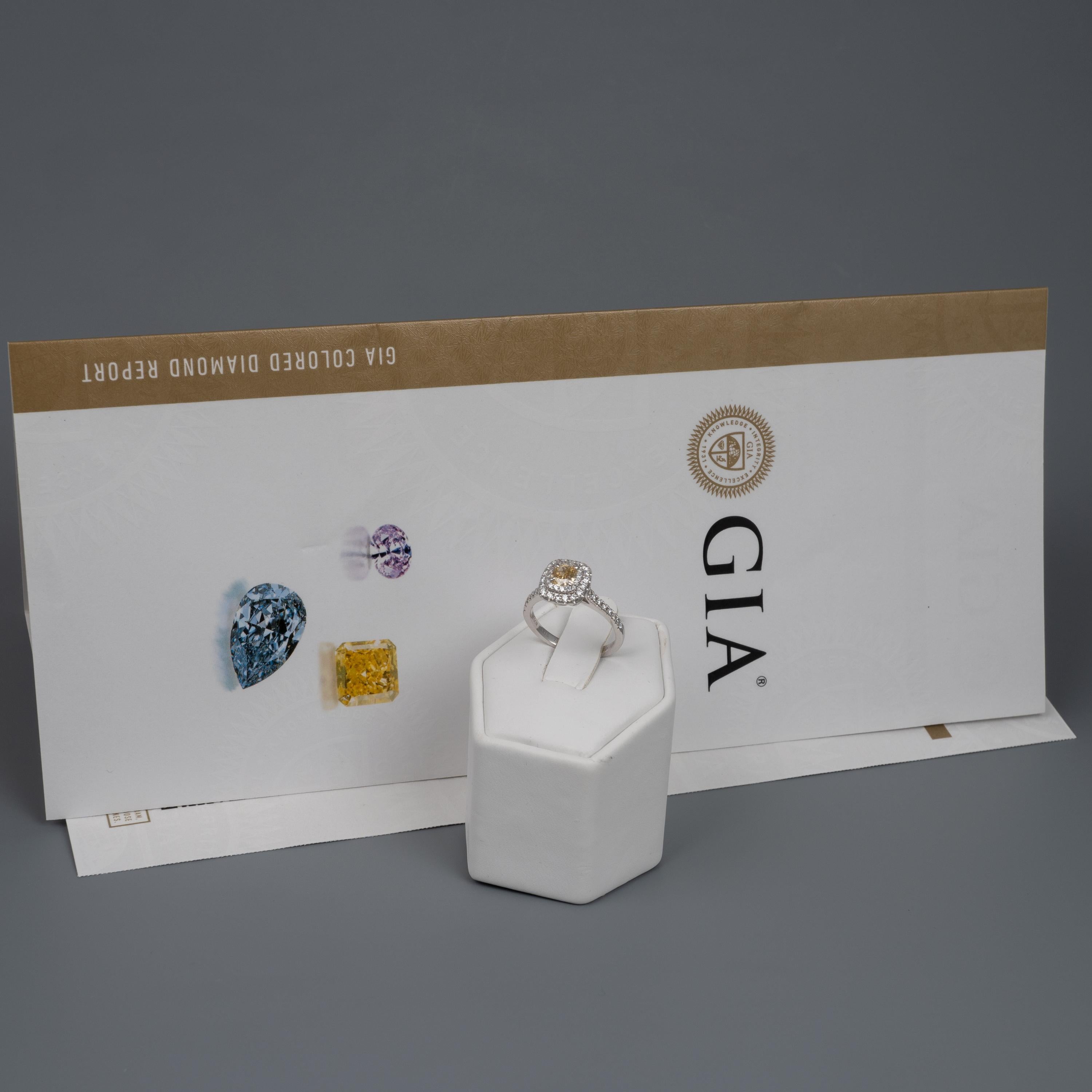 GIA Certified Fancy Yellow Diamond Halo Ring 18 Karat White Gold Full Hallmarks 6