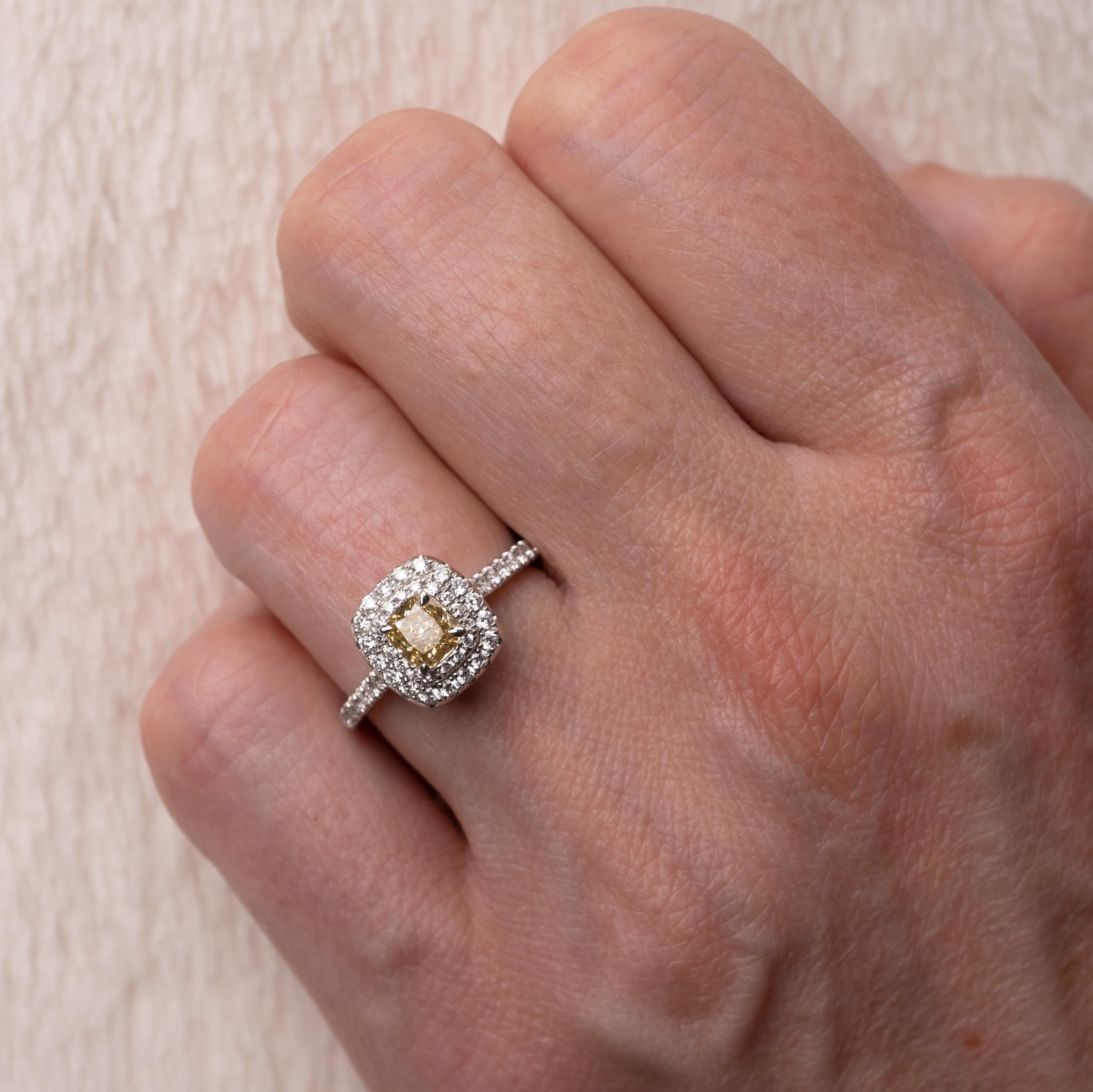 Women's or Men's GIA Certified Fancy Yellow Diamond Halo Ring 18 Karat White Gold Full Hallmarks