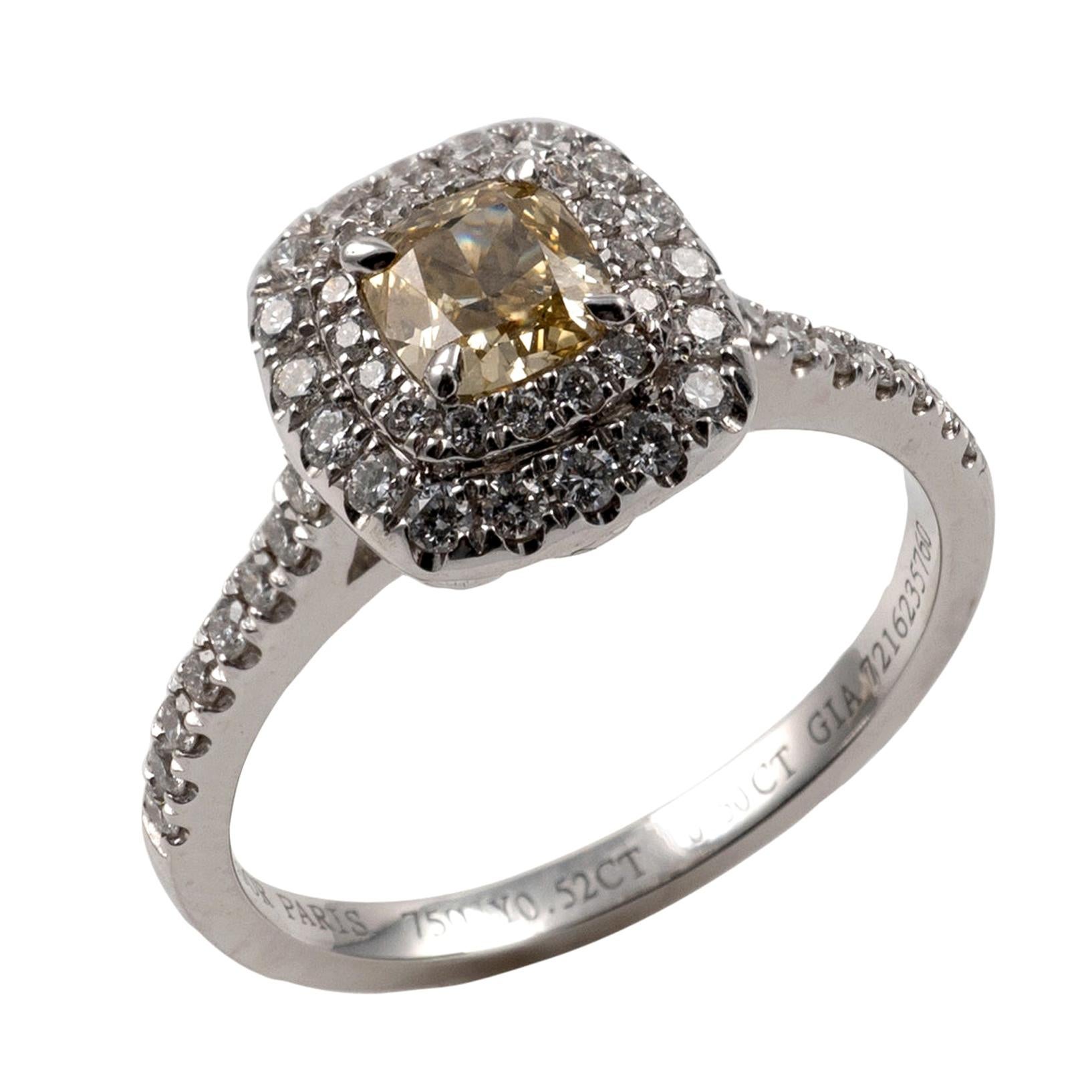 GIA Certified Fancy Yellow Diamond Halo Ring 18 Karat White Gold Full Hallmarks